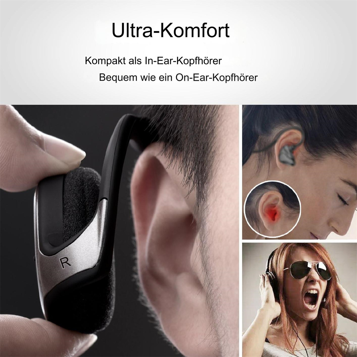 Eine Person mit Headset, mit Nahaufnahmen des Ohrhörers und einer Frau mit Kopfhörern.