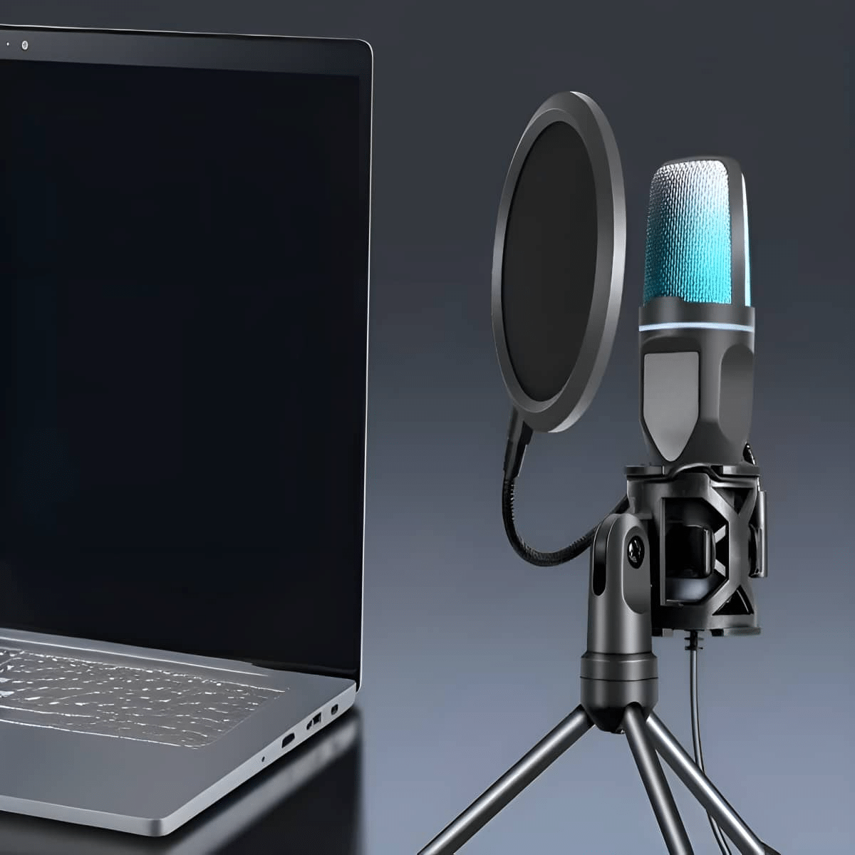 Ein Mikrofon mit blauem Licht, Pop-Filter und ein Laptop auf dunklem Hintergrund.