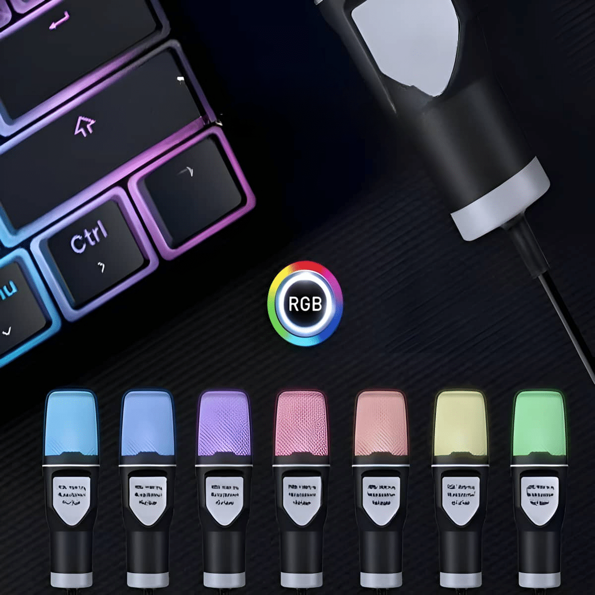 RGB-Mikrofon-Set mit farbigen Lichtern, in der Nähe einer Tastatur. Die Lichter variieren.
