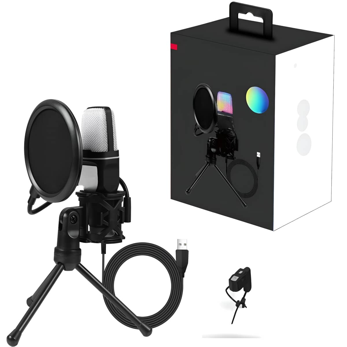 Mikrofon auf Stativ, mit Pop-Filter, einer Box und einem zusätzlichen kleinen Ständer.