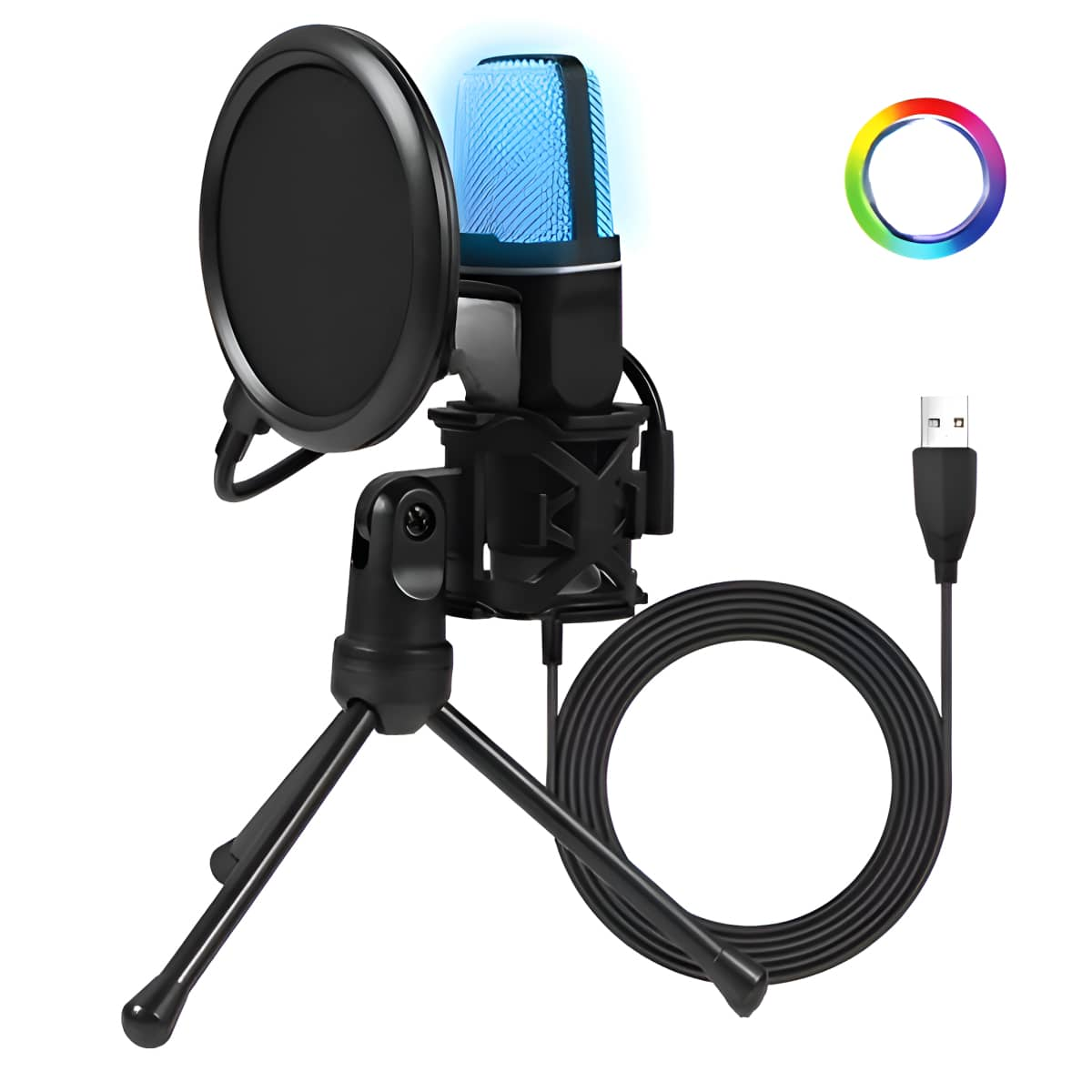Schwarzes Mikrofon auf einem Ständer mit Pop-Filter und USB-Kabel, mit einem Farbspektrum-Symbol.