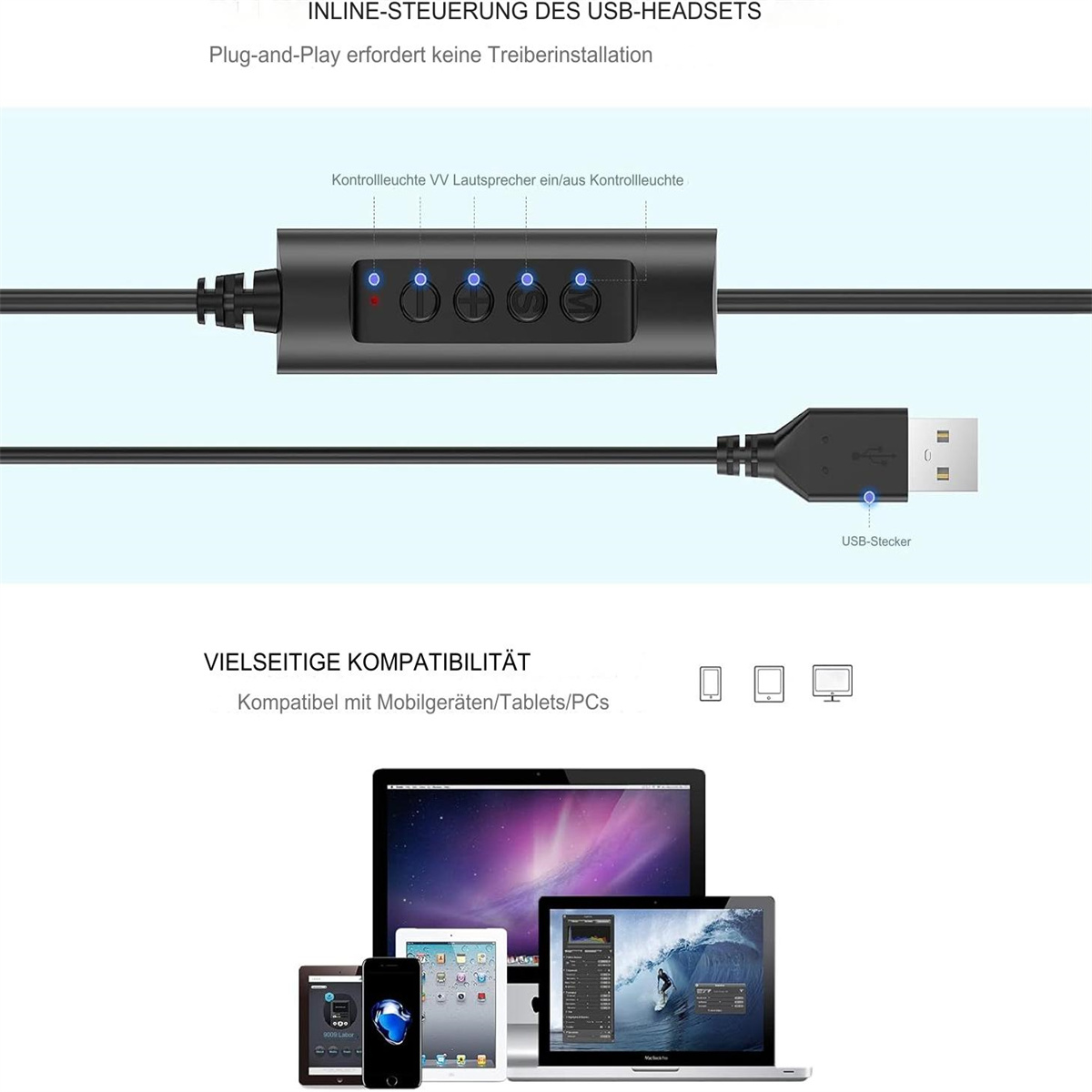 Inline-Bedienfeld für USB-Headset und USB-Stecker, darunter Geräte.