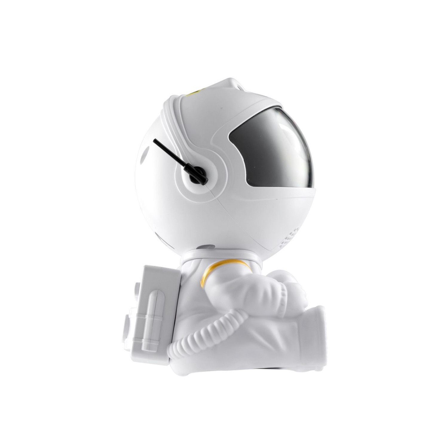 Weiße Astronauten-Lampe. Der Astronaut sitzt, mit Helm und kleinem Rucksack. Der Hintergrund ist weiß.