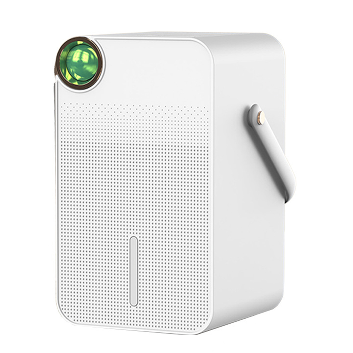 Biały projektor z uchwytem, ​​obiektywem i otworami wentylacyjnymi. Obiektyw emituje zielone światło. Izolowany.