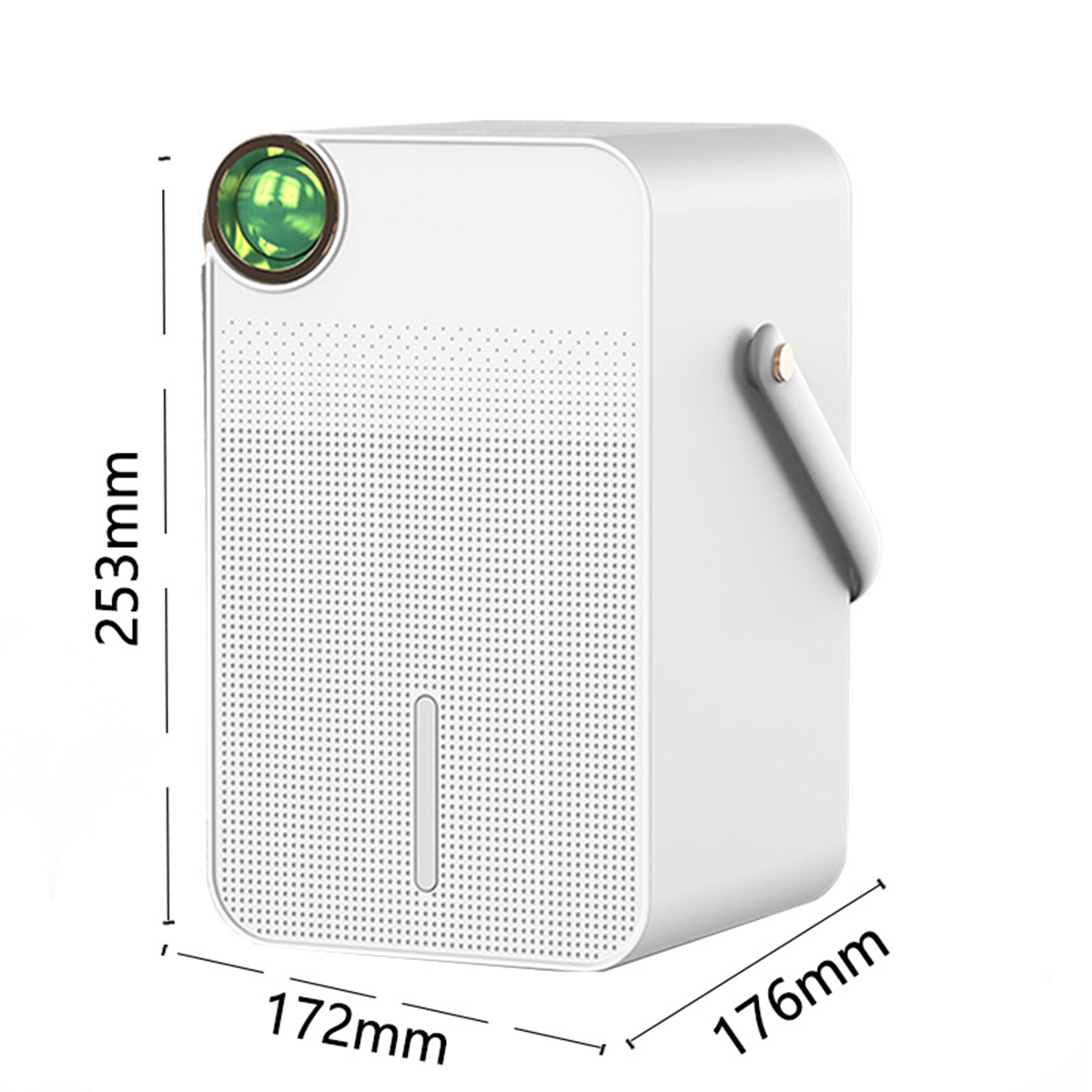 Biały projektor z uchwytem, zieloną soczewką i wymiarami: 172x176x253 mm.