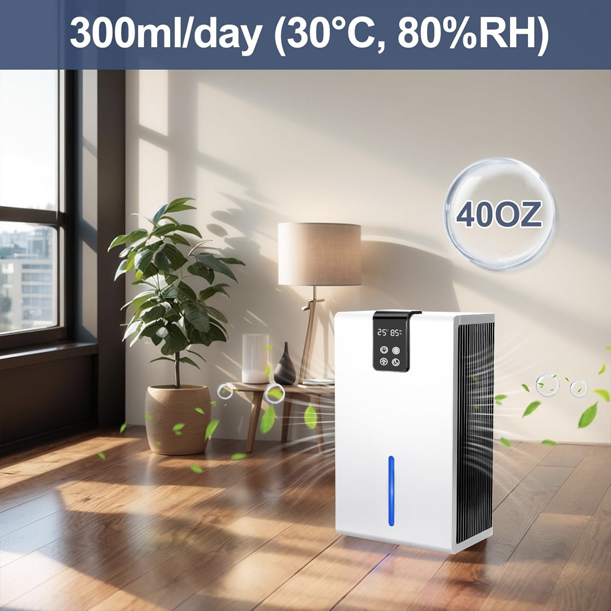 Biały osuszacz z niebieskim światłem, w pokoju z rośliną i oknem.