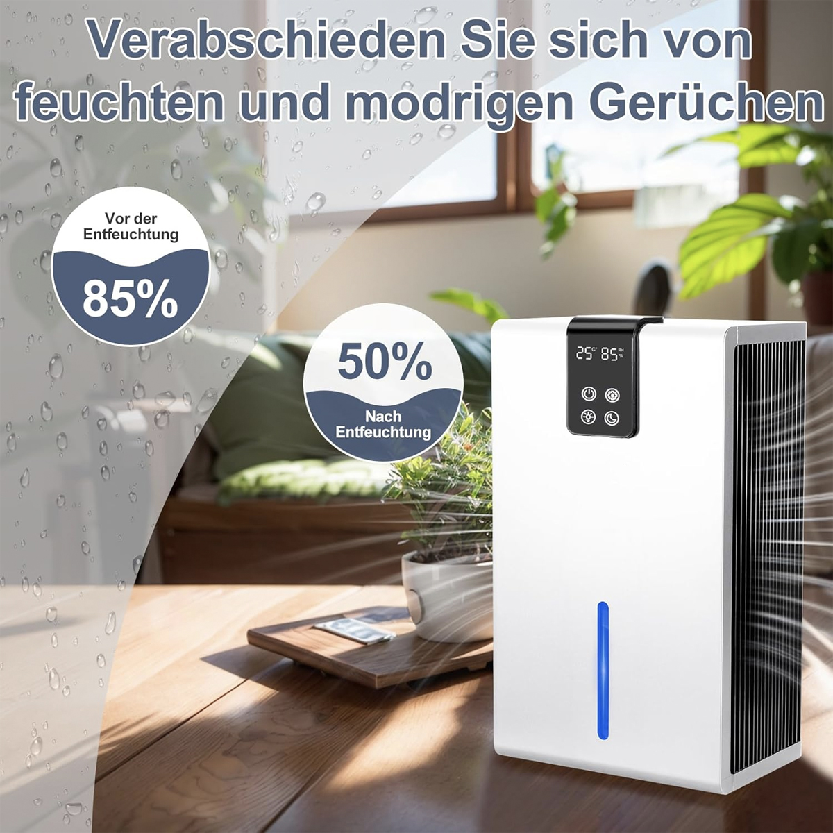 Biały osuszacz z wyświetlaczem pokazującym wilgotność przed i po użyciu.