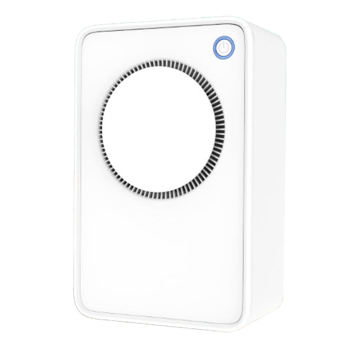 Biały oczyszczacz powietrza z niebieskim przyciskiem zasilania. Jest na białym tle.