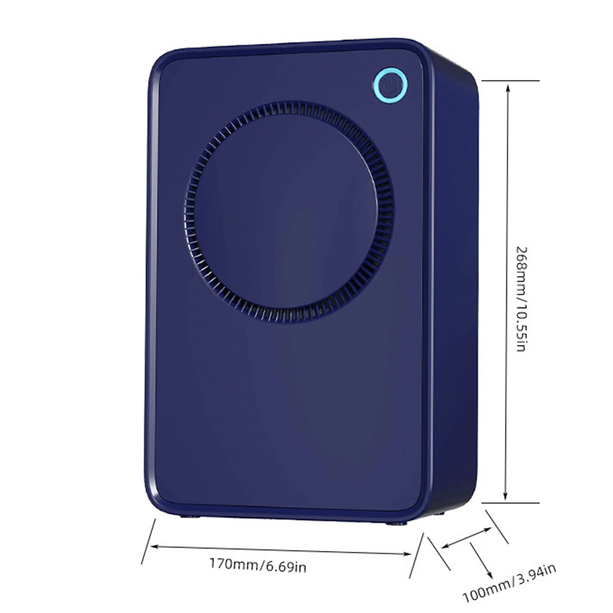 Niebieski oczyszczacz powietrza z wymiarami, na białym tle.
