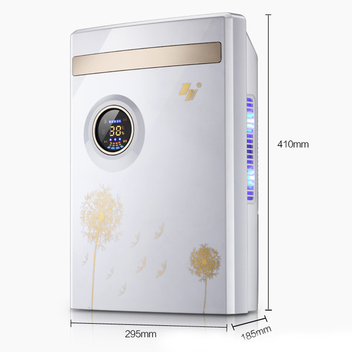 Biały oczyszczacz powietrza z wyświetlaczem, oznaczonymi wymiarami i kwiatowym wzorem.