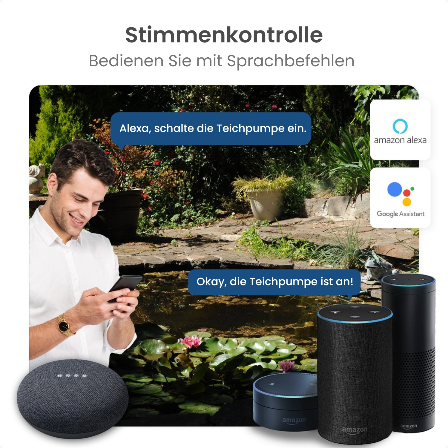 Mann steuert Smart-Home-Geräte per Telefon in der Nähe eines Teichs und Smart-Lautsprechern.