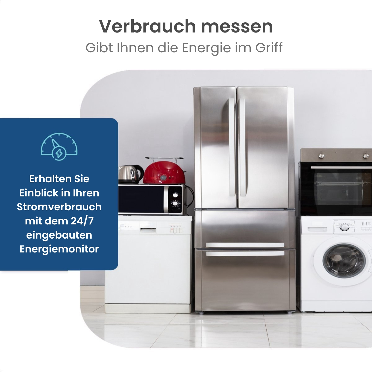 Ein Kühlschrank, eine Mikrowelle, ein Backofen und eine Waschmaschine in einem Raum, mit einem Zähler-Icon.