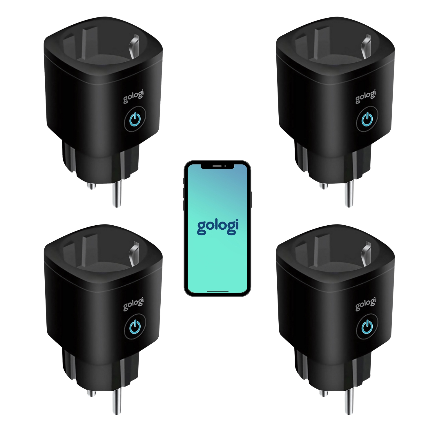 Vier schwarze Smart Plugs und ein Smartphone mit Logo. Sie befinden sich auf weißem Hintergrund.