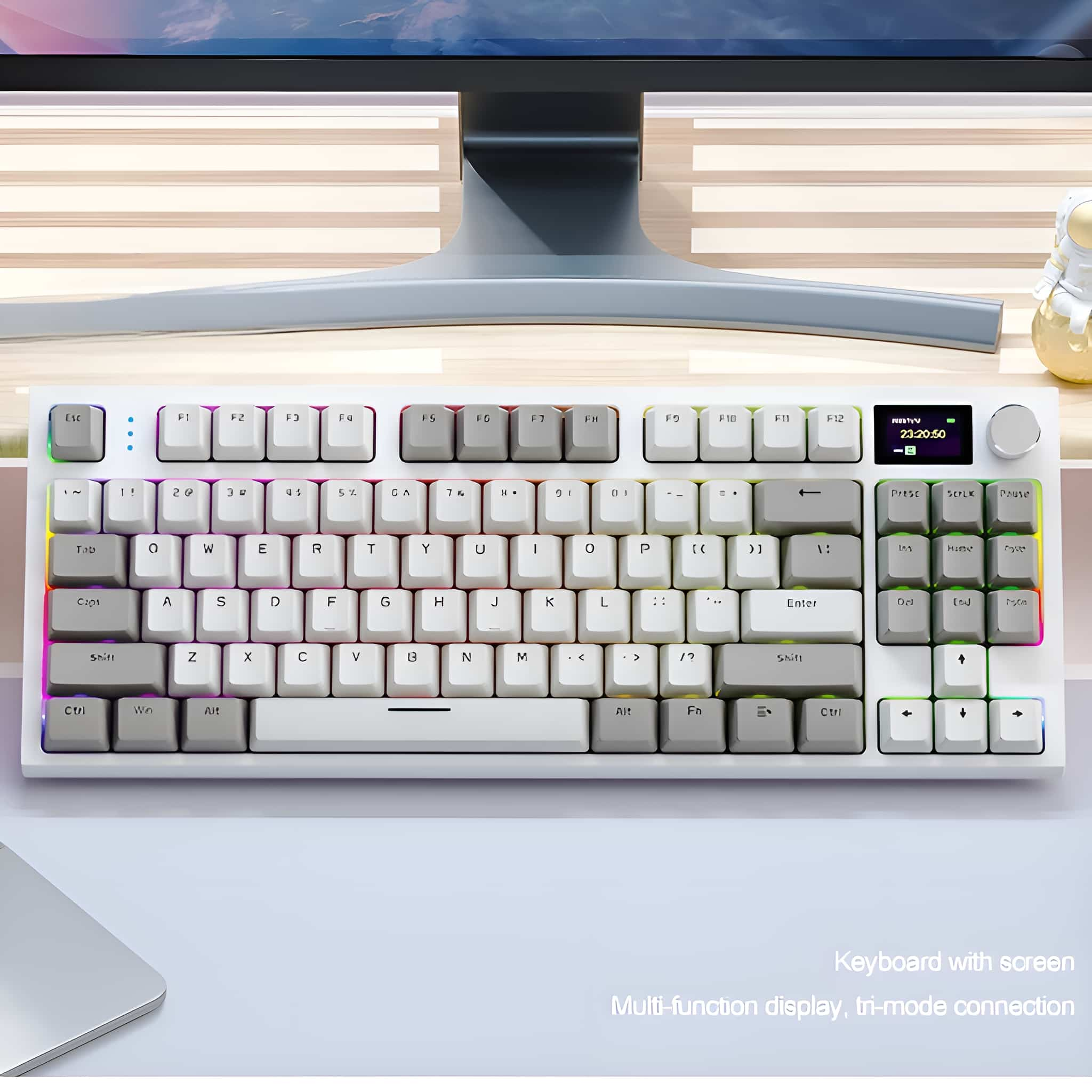 Eine weiße Tastatur mit einem Bildschirm in der oberen rechten Ecke. Text: „Tastatur mit Bildschirm“.