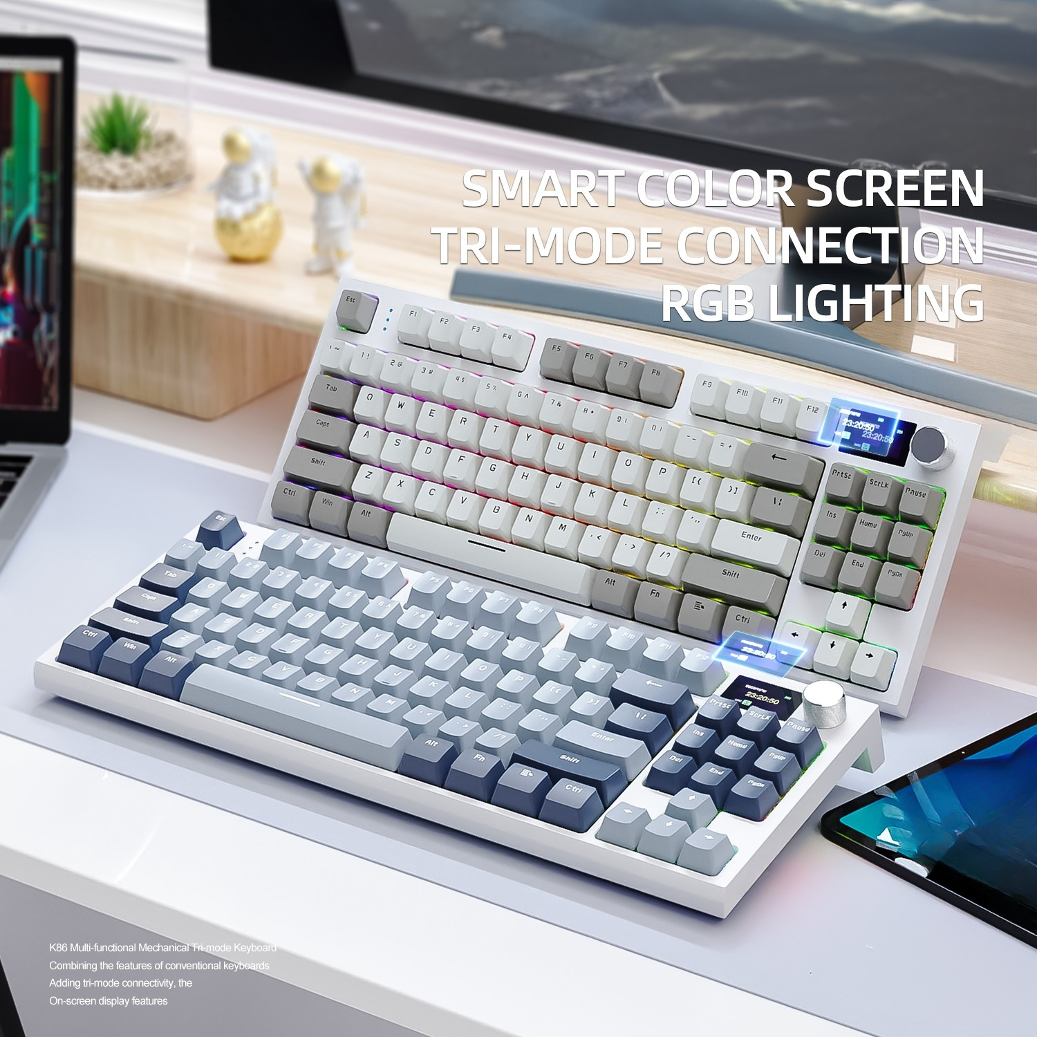Weiße Tastatur, mit blau-grauen Tasten. Text: Smart Color Screen, Tri-Mode Connection, RGB-Beleuchtung.