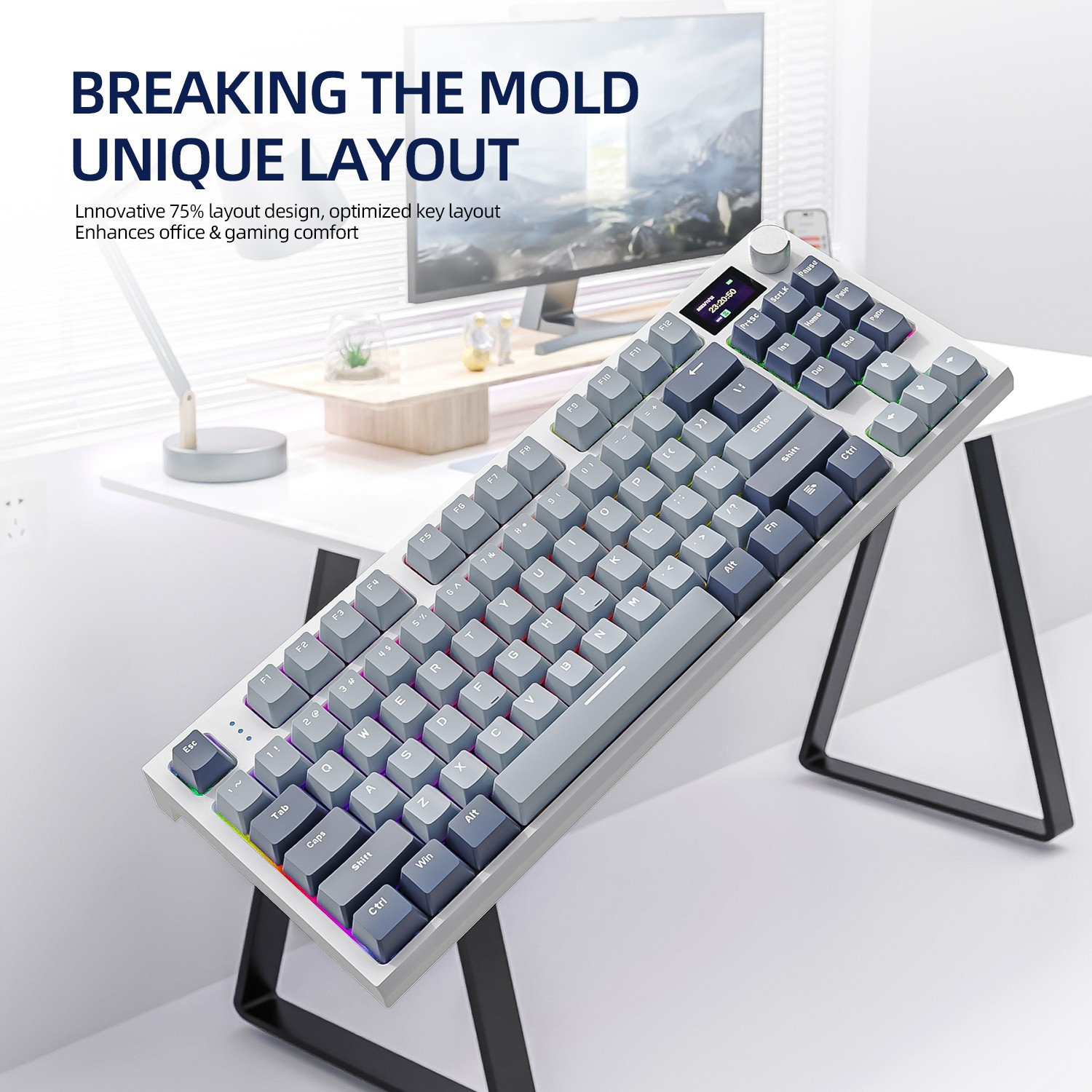 Weiße Tastatur auf einem Schreibtisch. Graue Tasten, RGB-Beleuchtung. Desktop und Monitor im Hintergrund.