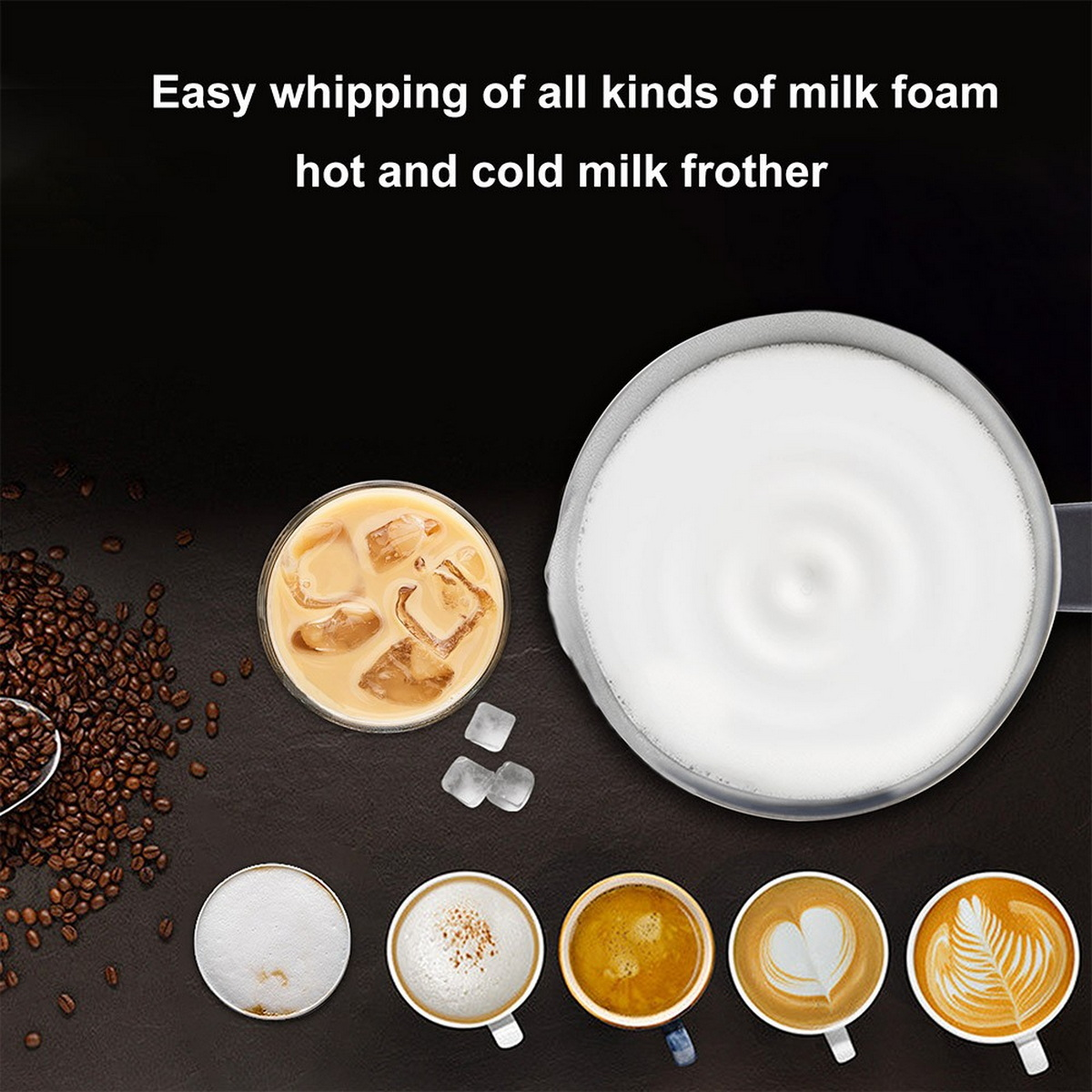 Varie bevande al caffè, con un montalatte e chicchi di caffè su una superficie nera, arte del caffè.