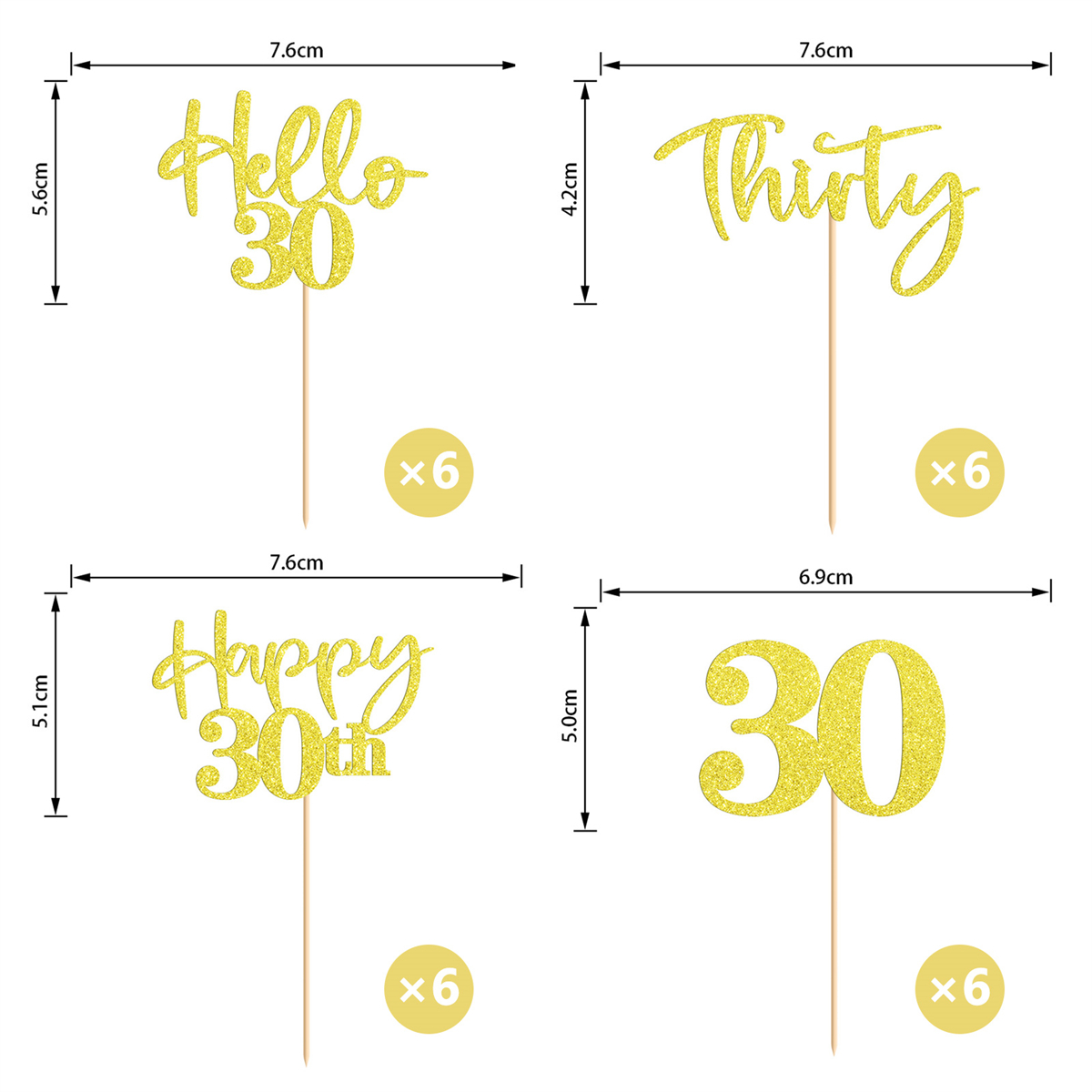Vier goldene Glitzer-Kuchenaufsätze: Hello 30, Thirty, Happy 30th und 30.