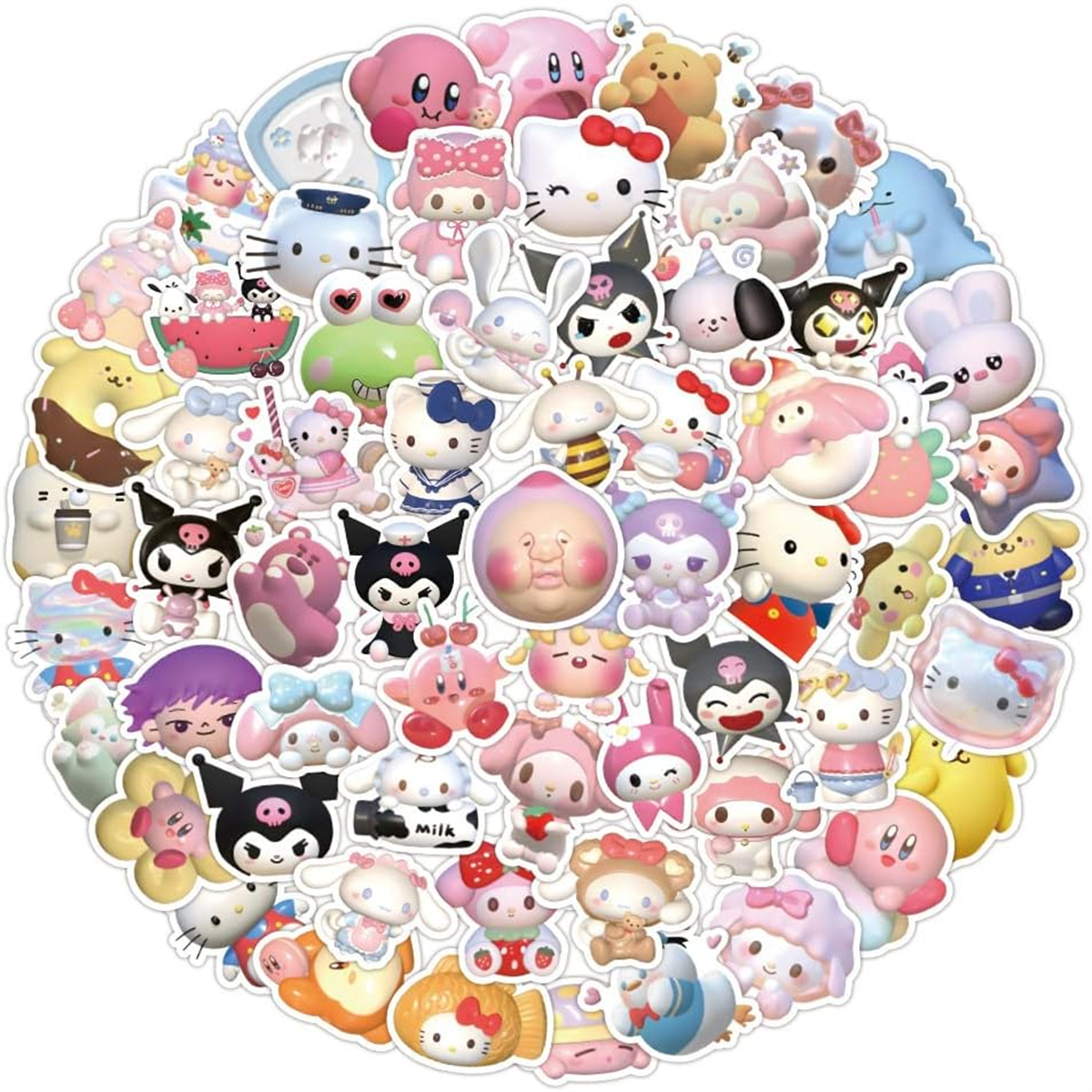 Eine Sammlung von Cartoon-Aufklebern mit verschiedenen Figuren auf weißem Hintergrund.