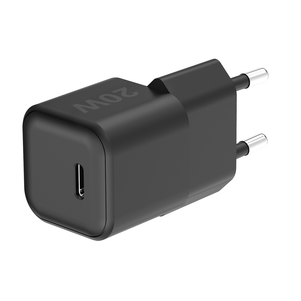 Schwarzes 20-W-Ladegerät mit USB-C-Anschluss und Stiften.