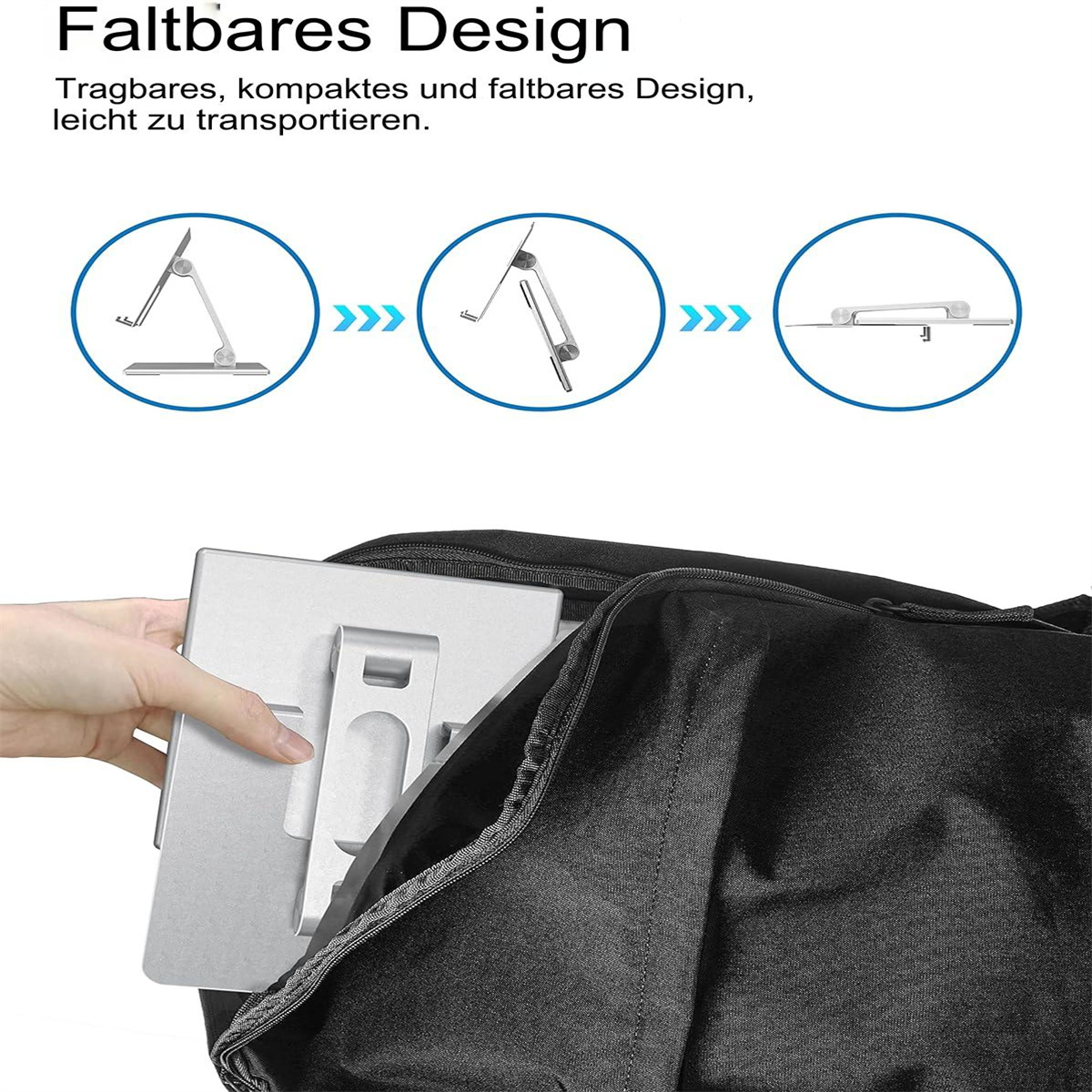 Eine Hand legt ein Tablet in eine schwarze Tasche. Illustrationen zeigen, wie sich das Tablet faltet.