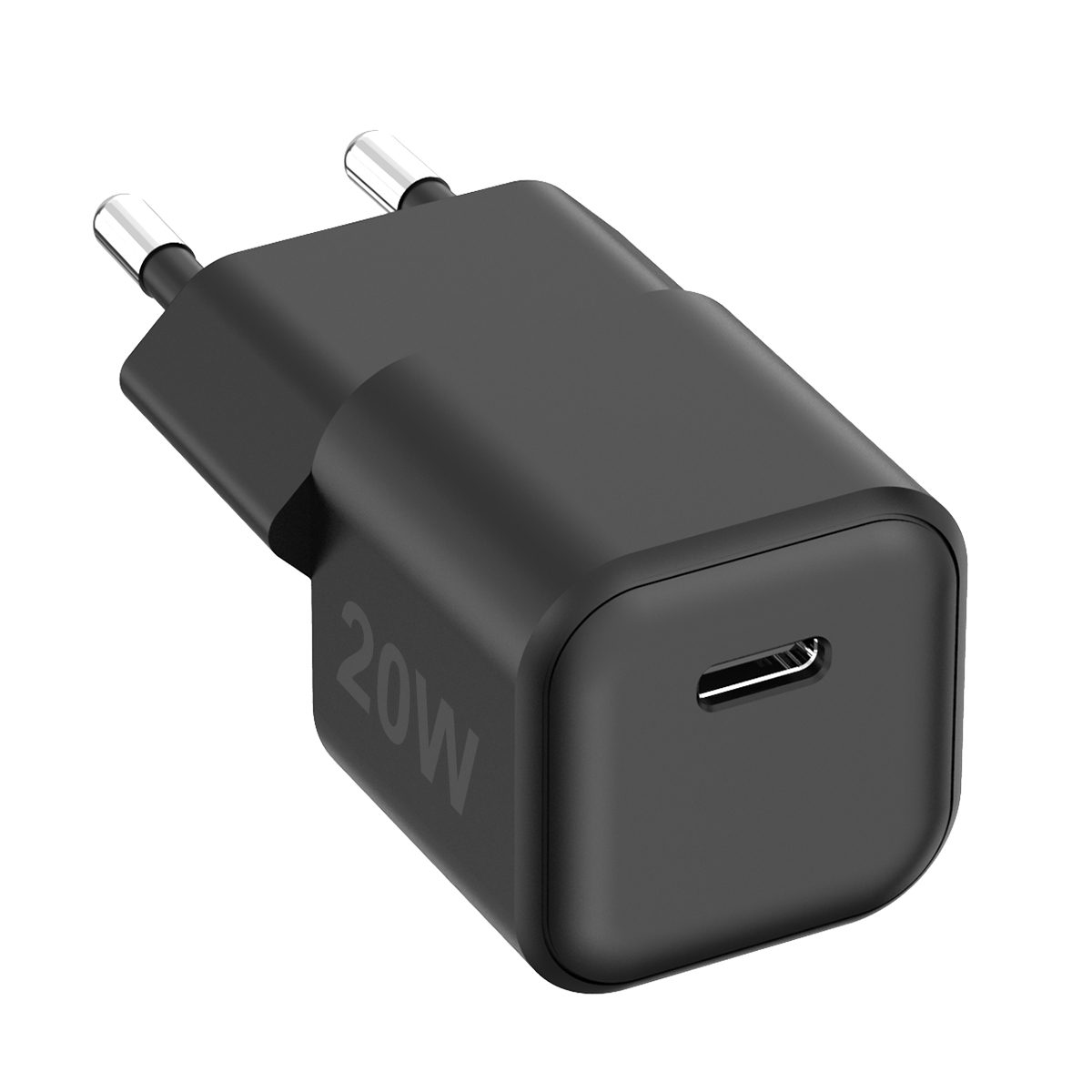 Schwarzes 20W USB-C-Ladegerät. Es hat zwei Stifte und einen USB-C-Anschluss.