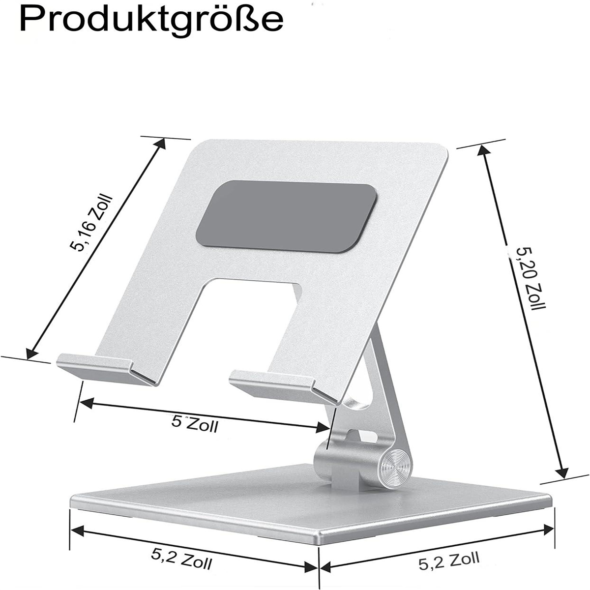 Silberner Laptopständer mit Maßen: 5,16 Zoll, 5,20 Zoll, 5,2 Zoll, 5 Zoll. Graues Pad.