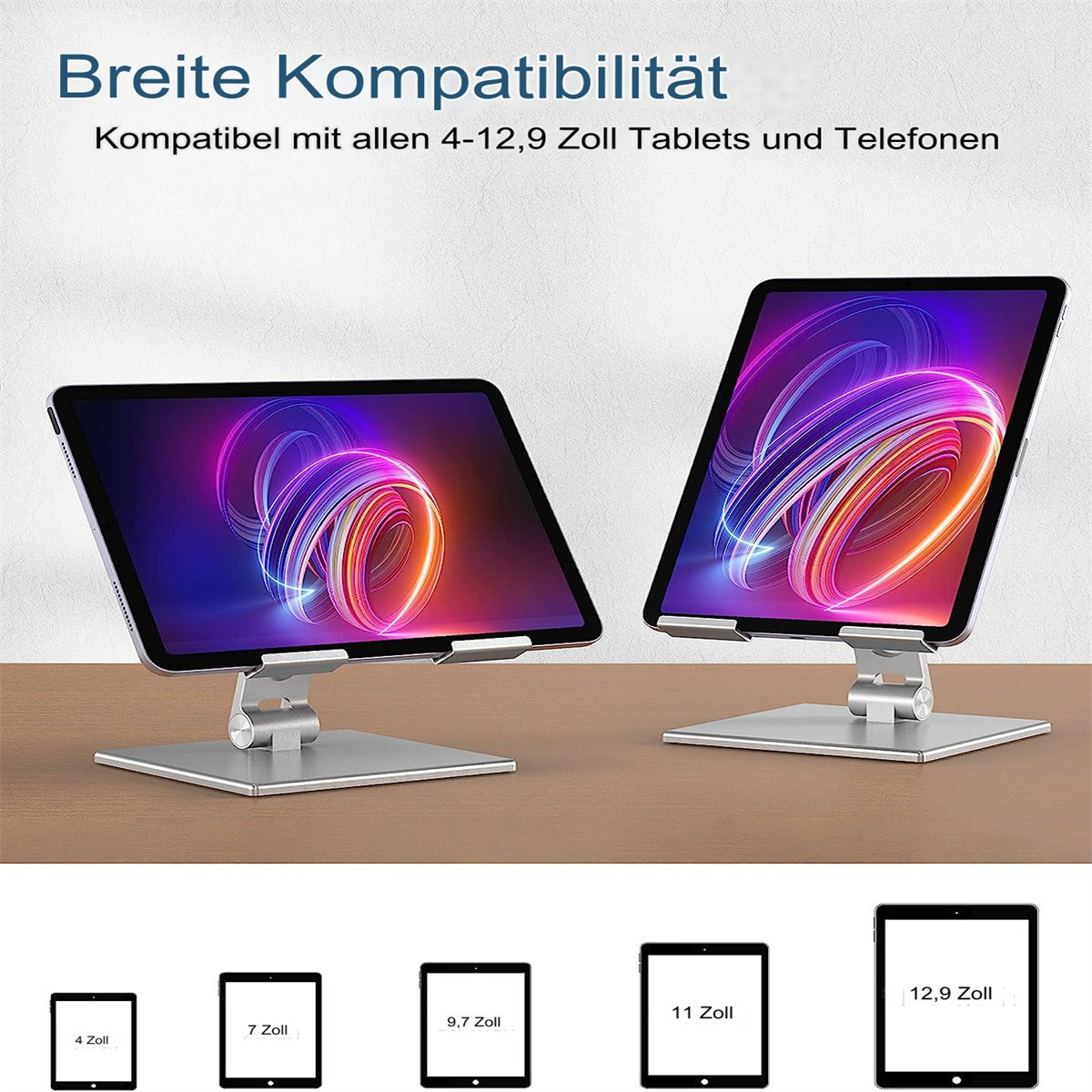 Zwei Tablets auf Ständern, mit dem Text 'Breite Kompatibilität'.