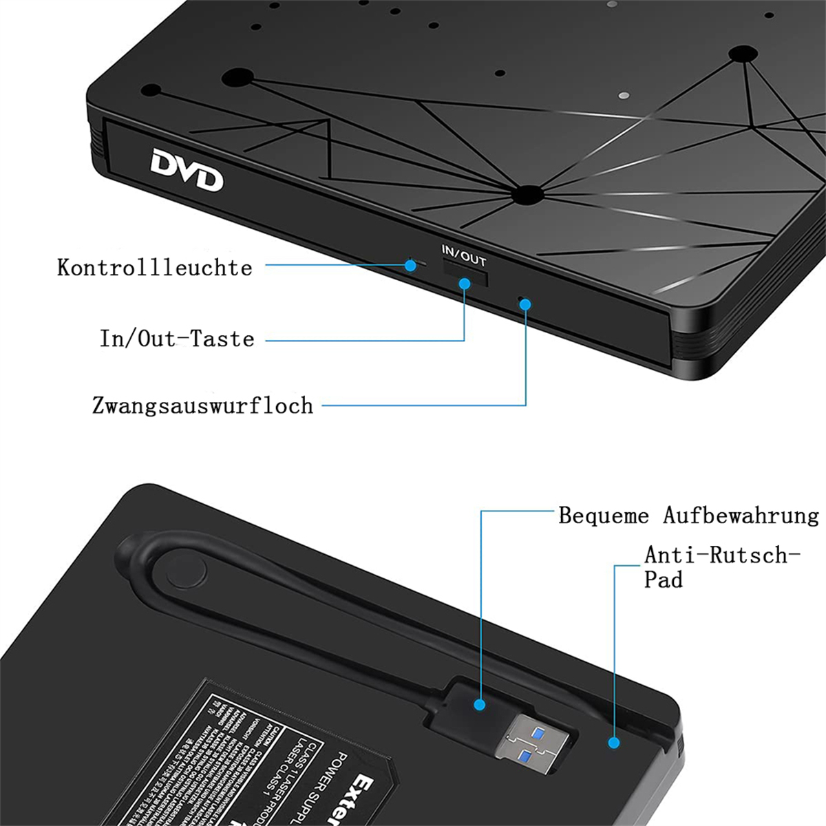 Schwarzer DVD-Player mit Etiketten, die Funktionen anzeigen, Ober- und Unteransicht.