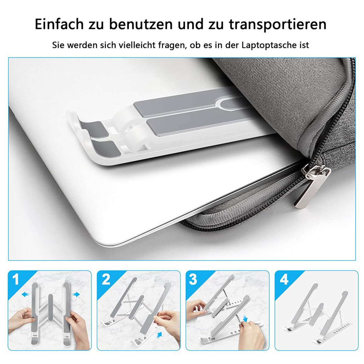 Laptopständer, der Schritt für Schritt zusammengebaut wird, mit weißem und grauem Design.