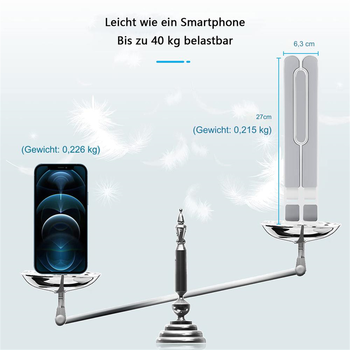 Eine Waage zeigt ein iPhone mit einem Ständer. Der Ständer hält das Telefon. Die Waage hat Gewichte.