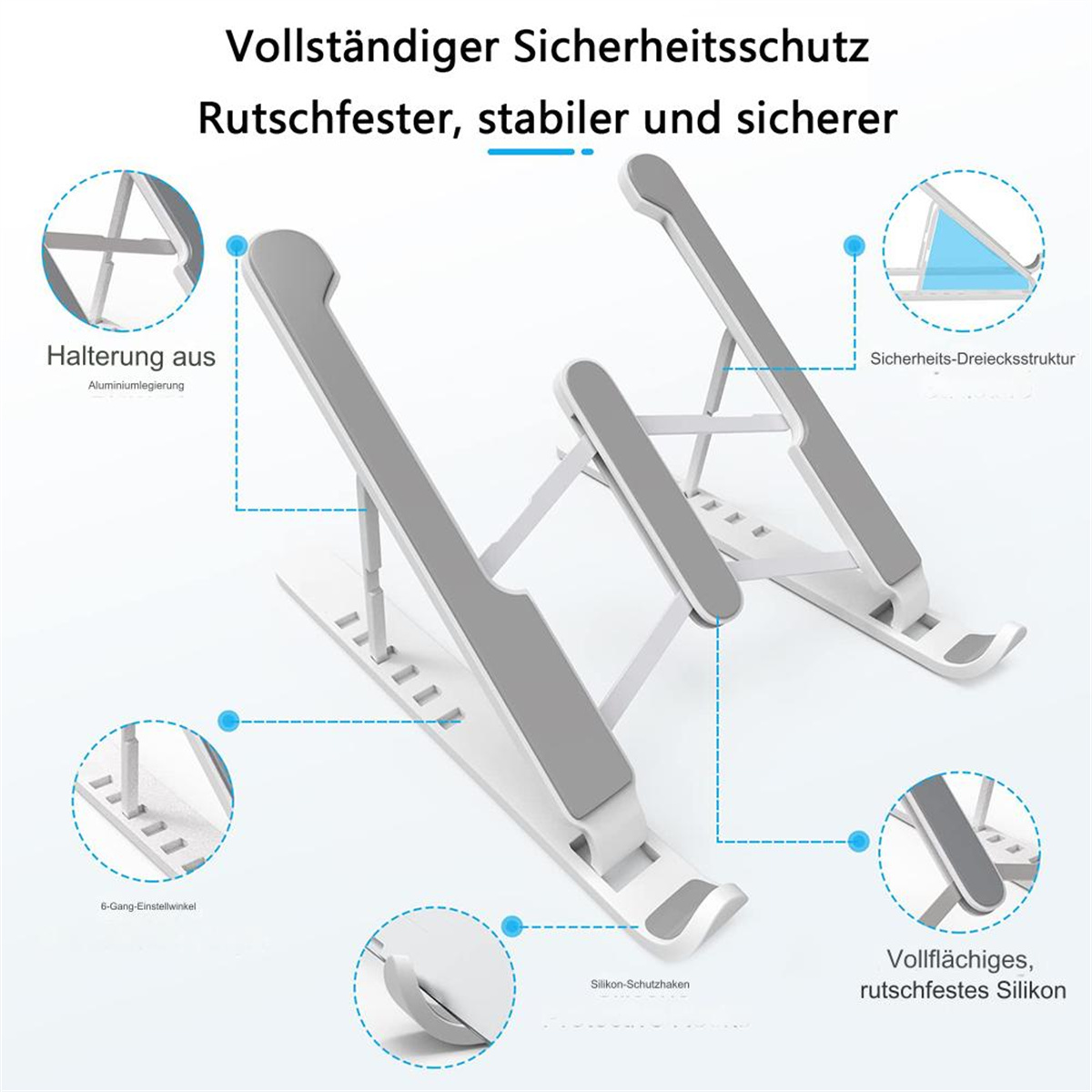 Ein faltbarer Laptop-Ständer in Weiß und Grau, mit hervorgehobenen Sicherheitsmerkmalen.