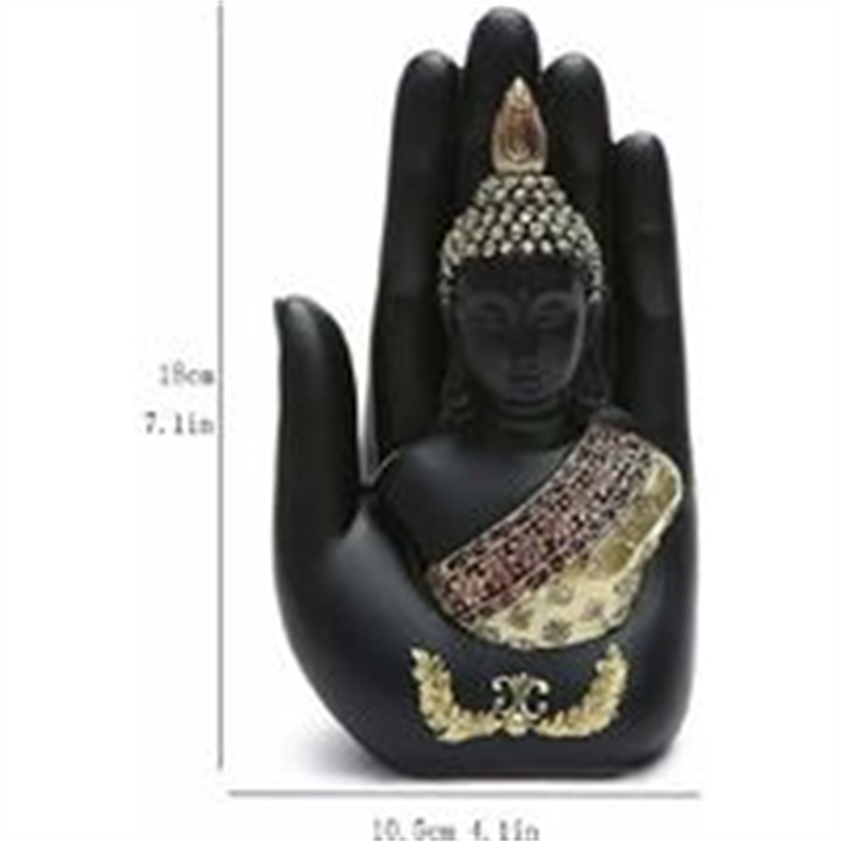 Schwarze Buddha-Statue in einem schwarzen, handförmigen Halter. Goldene Details und Maße.