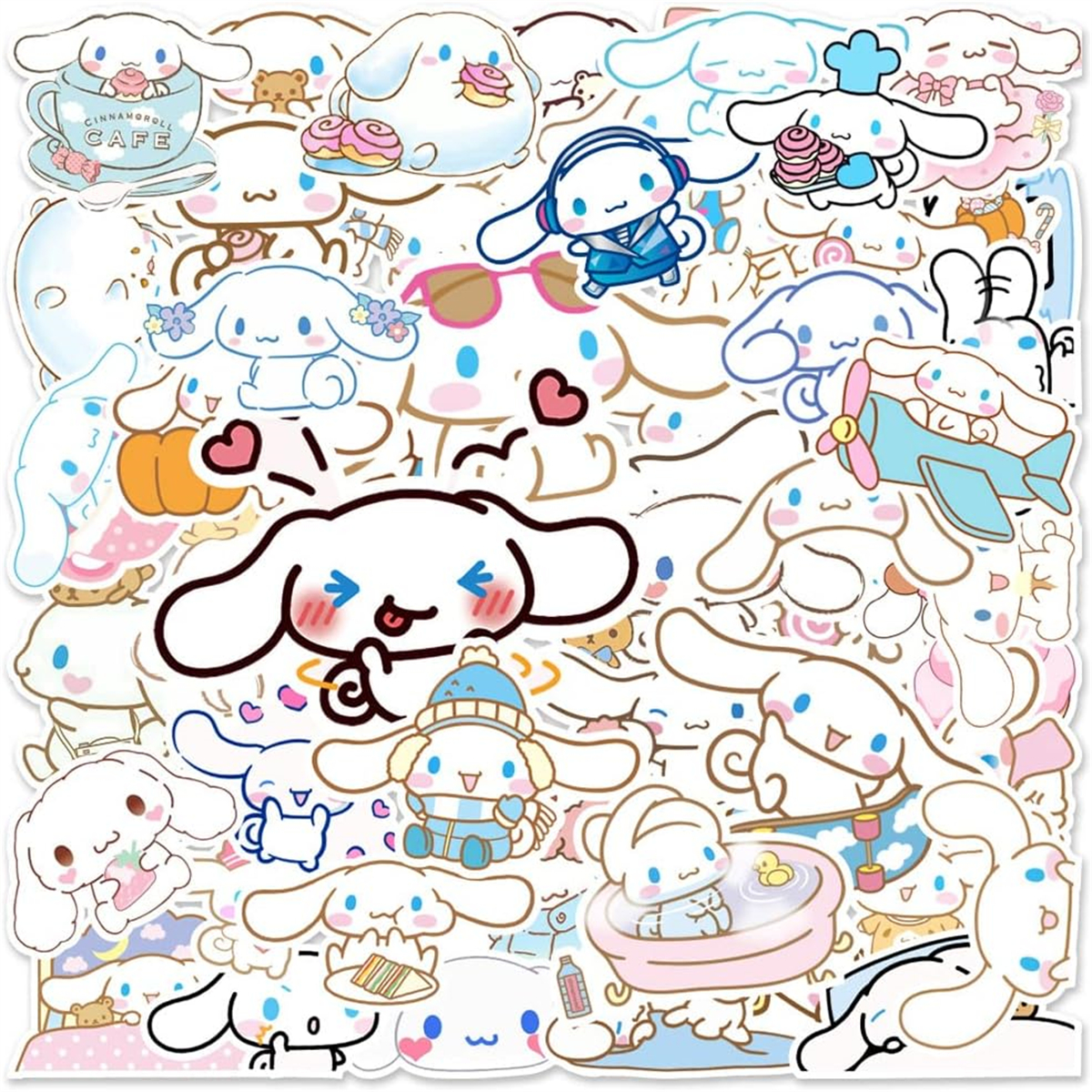 Eine Sammlung von Cinnamoroll-Aufklebern in verschiedenen Posen und Einstellungen.