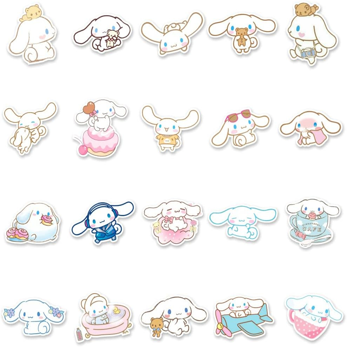 Sammlung von Cinnamoroll-Aufklebern in verschiedenen Posen. Weißer Hintergrund.