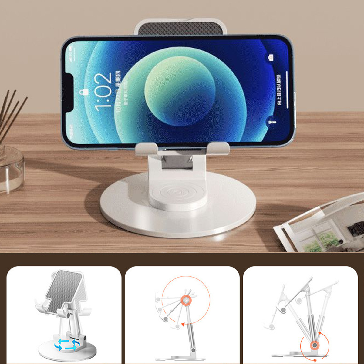 Telefon auf weißem Ständer mit runder Basis, drei Illustrationen der Bewegungen.