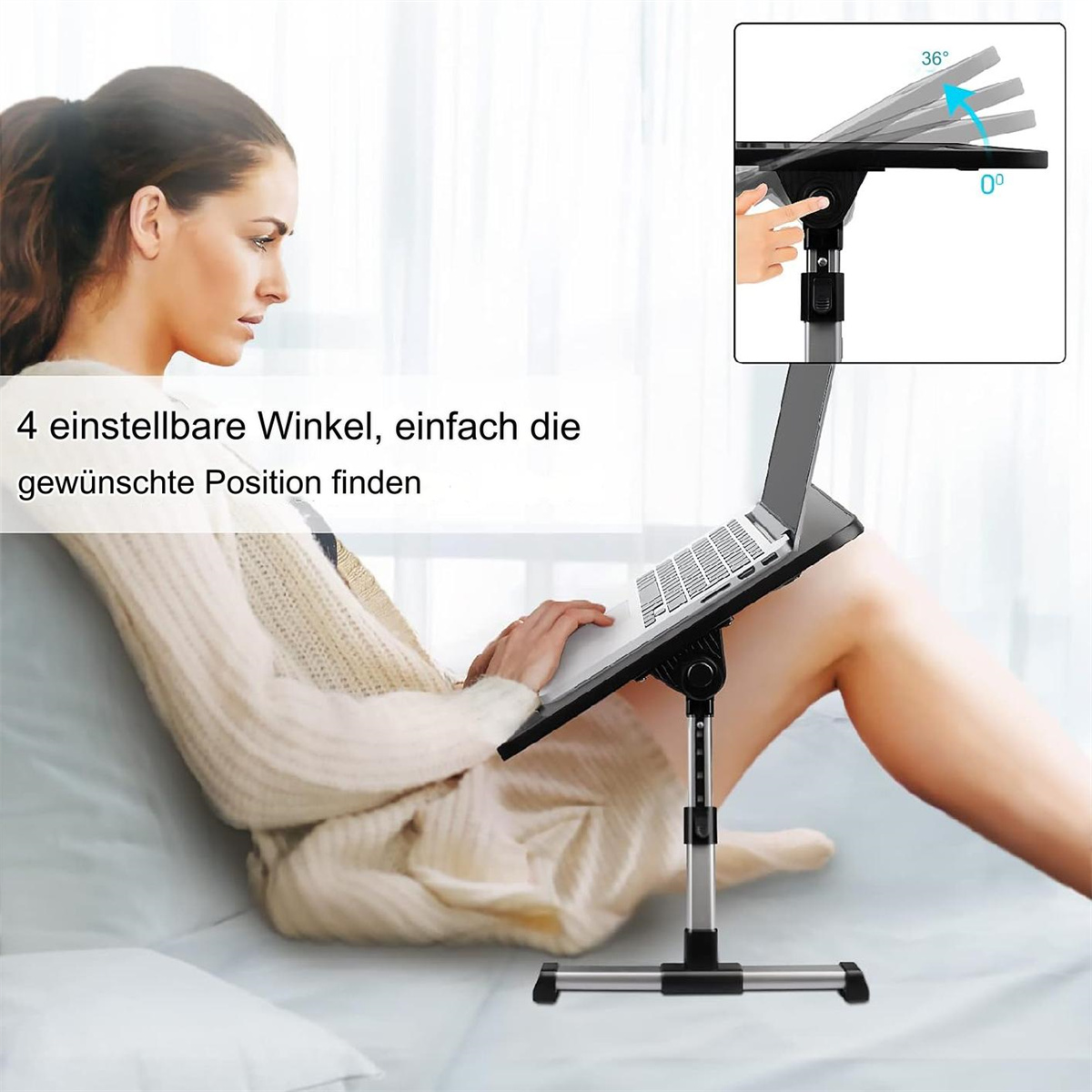 Frau benutzt Laptop auf einem Schoßtisch. Der Tisch ist verstellbar und hat eine Nahaufnahme der Winkel.