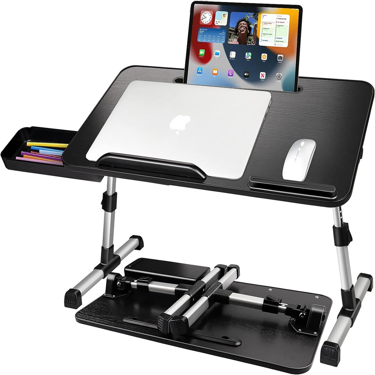 Schwarzer Laptop-Schreibtisch mit Tablet und Laptop.