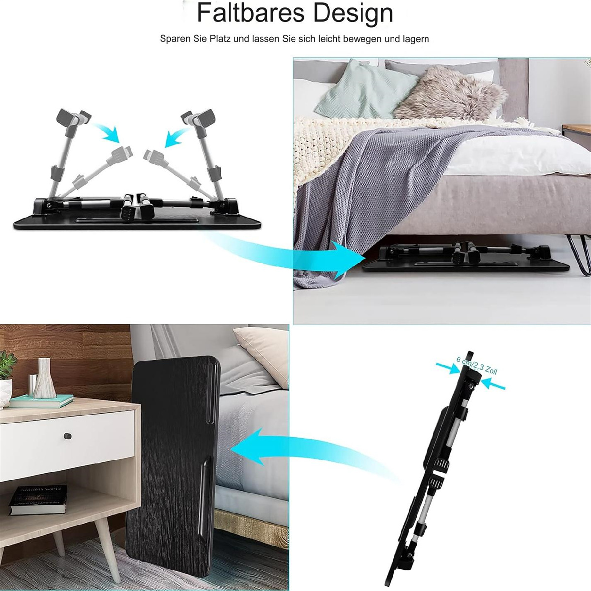 Faltbarer Laptop-Ständer. Verschiedene Bilder zeigen den Ständer gefaltet und in Gebrauch unter einem Bett.