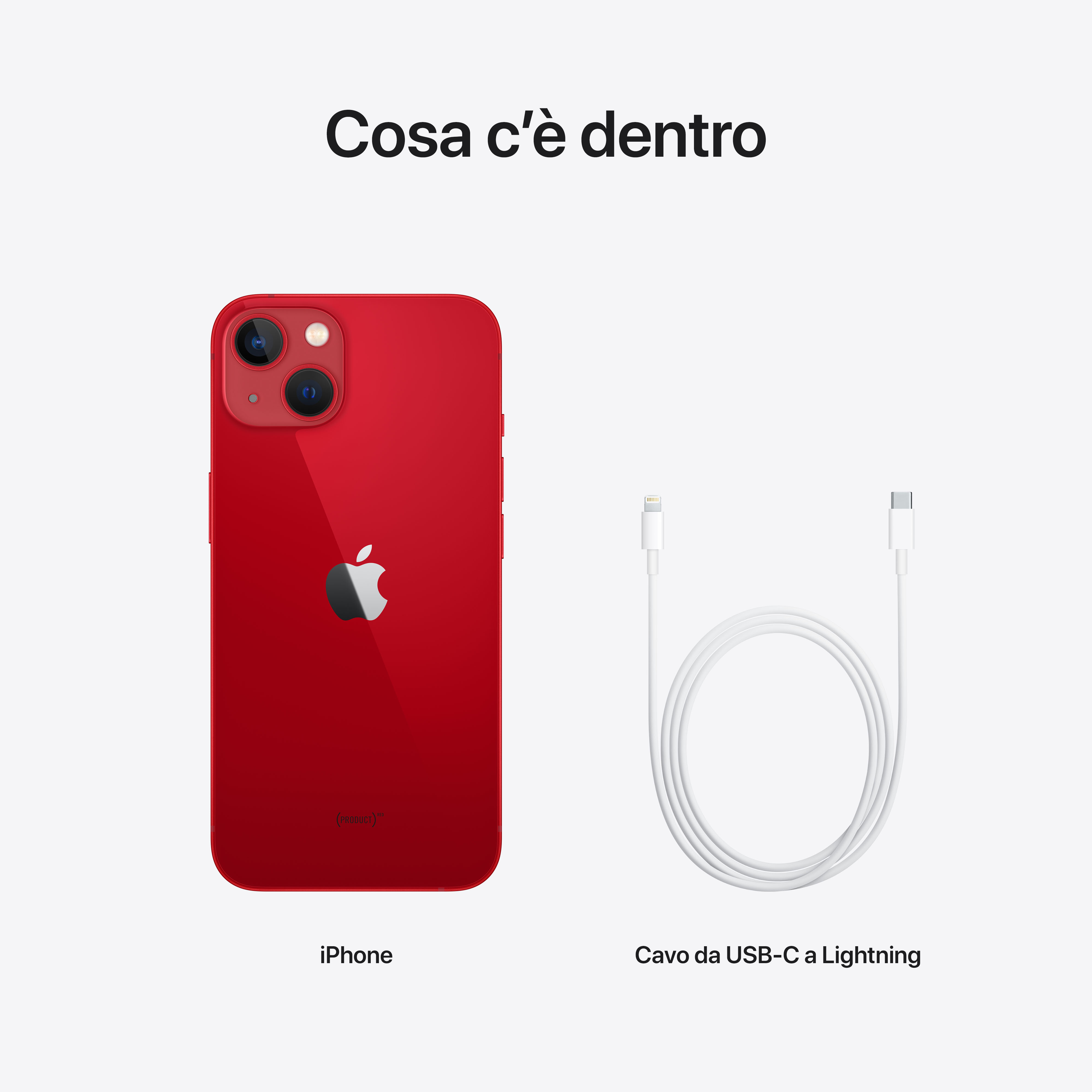 Czerwony iPhone i biały kabel ładujący na białym tle. Tekst: Cosa c'è dentro (Co jest w środku).