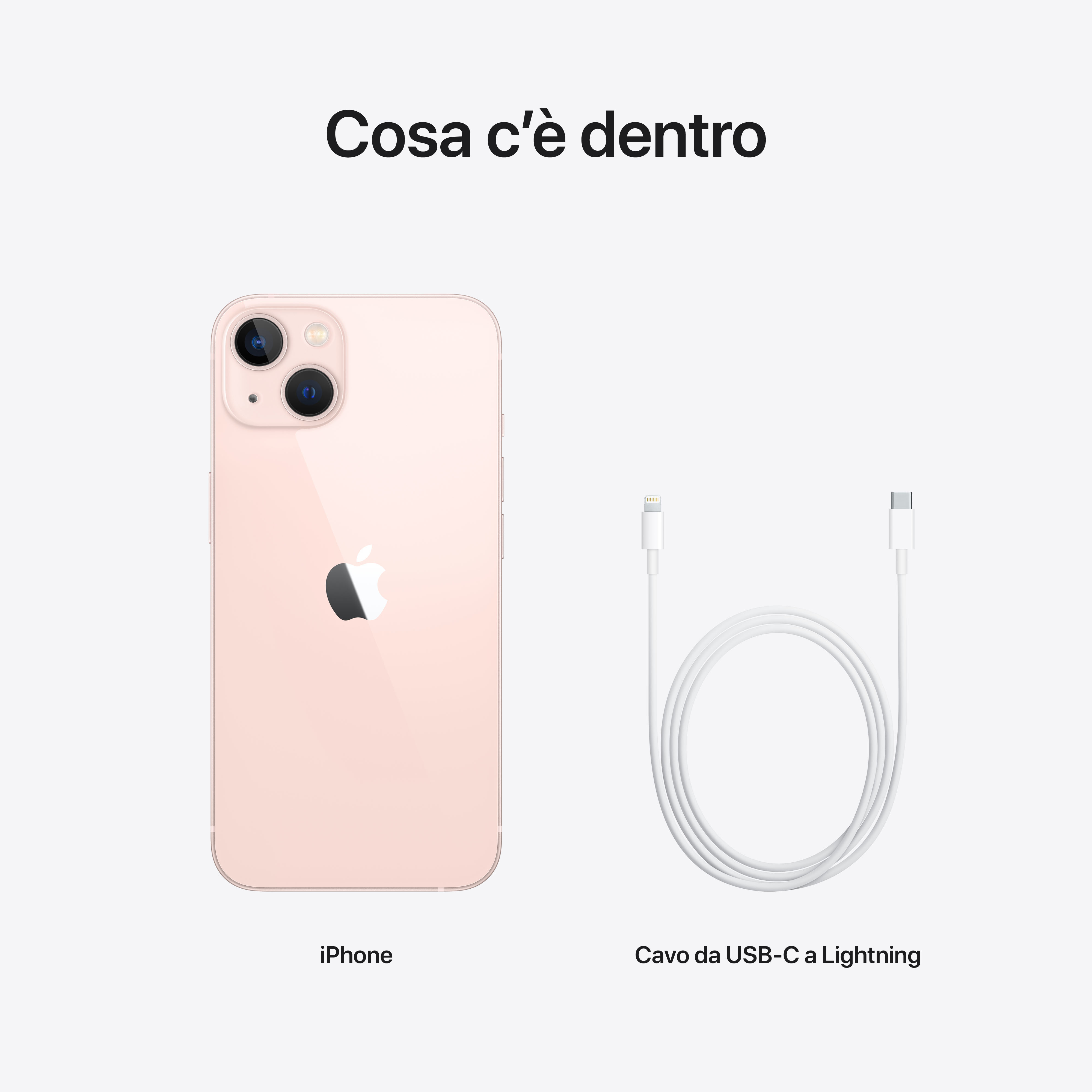 iPhone rosa con cable USB-C a Lightning, ambos sobre fondo blanco, con texto arriba.