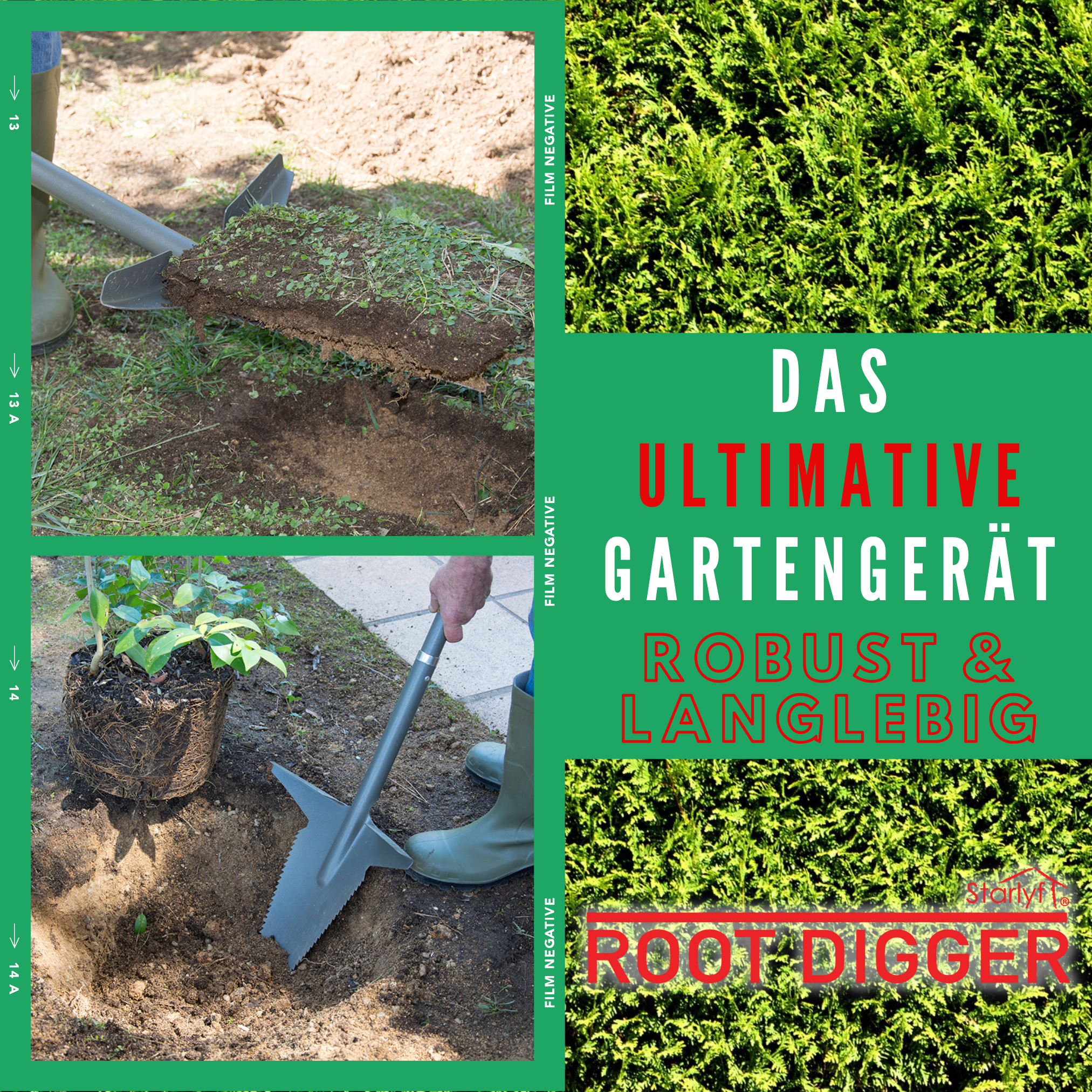 Collage von Bildern mit Gartengeräten und -arbeiten. Text: 'DAS ULTIMATIVE GÄRTENGERÄT'.