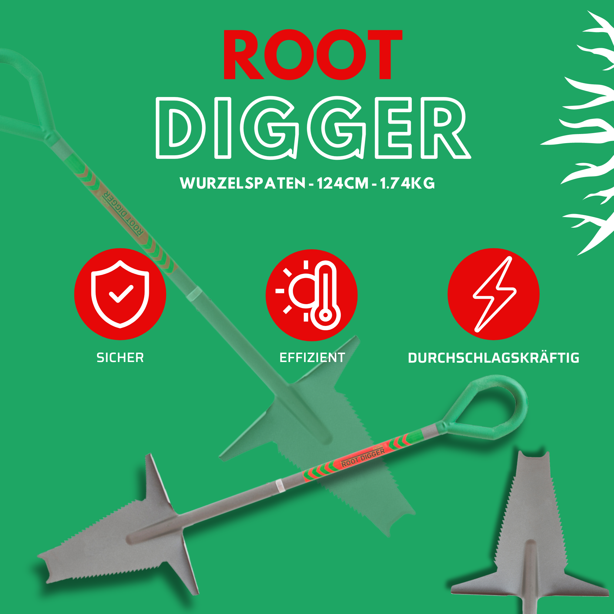 Ein Root Digger Werkzeug mit grünem Griff, mit Spatenkopf-Design, mit Symbolen und Text.