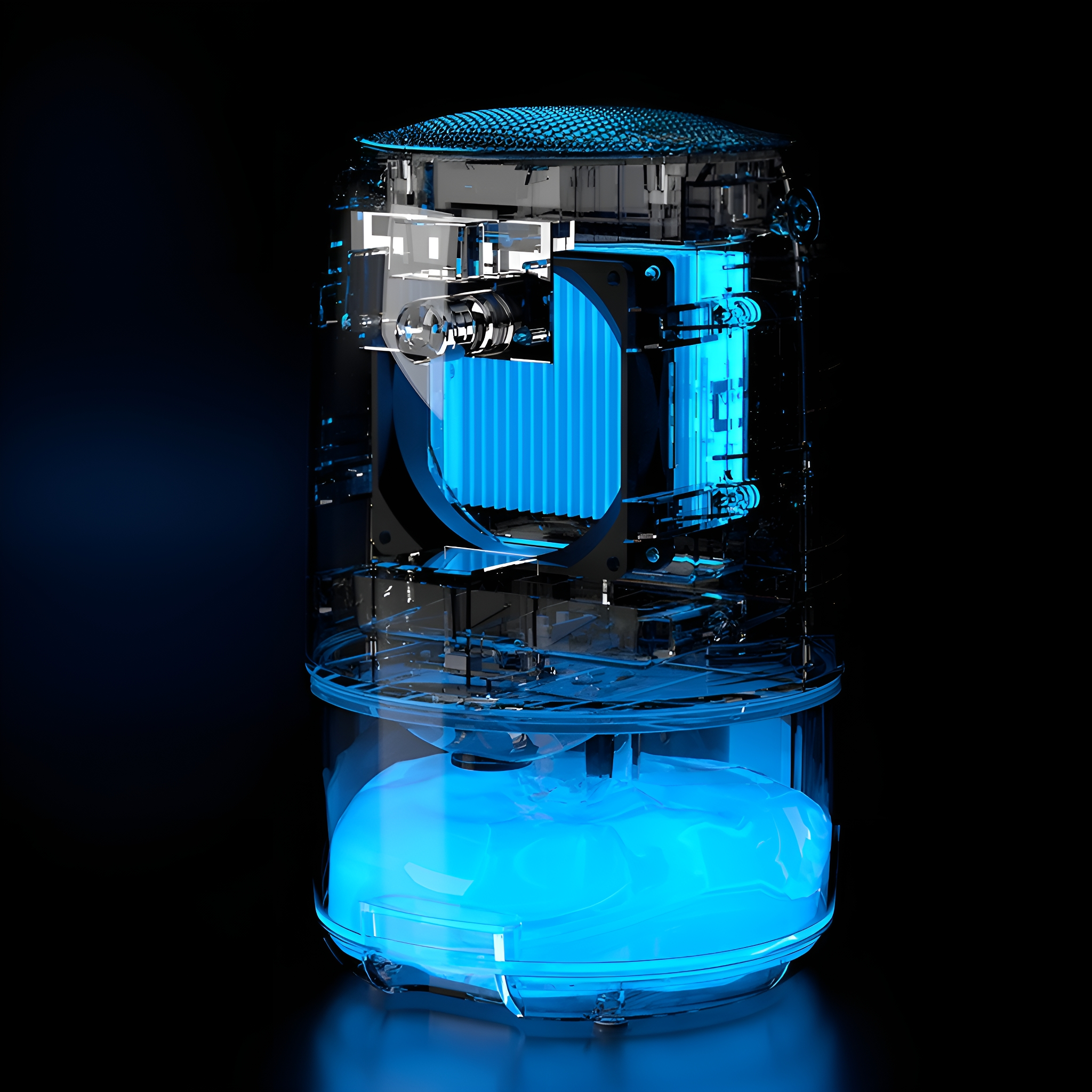 Ein transparentes Gerät mit blau leuchtenden Komponenten. Das Gerät hat eine zylindrische Form.