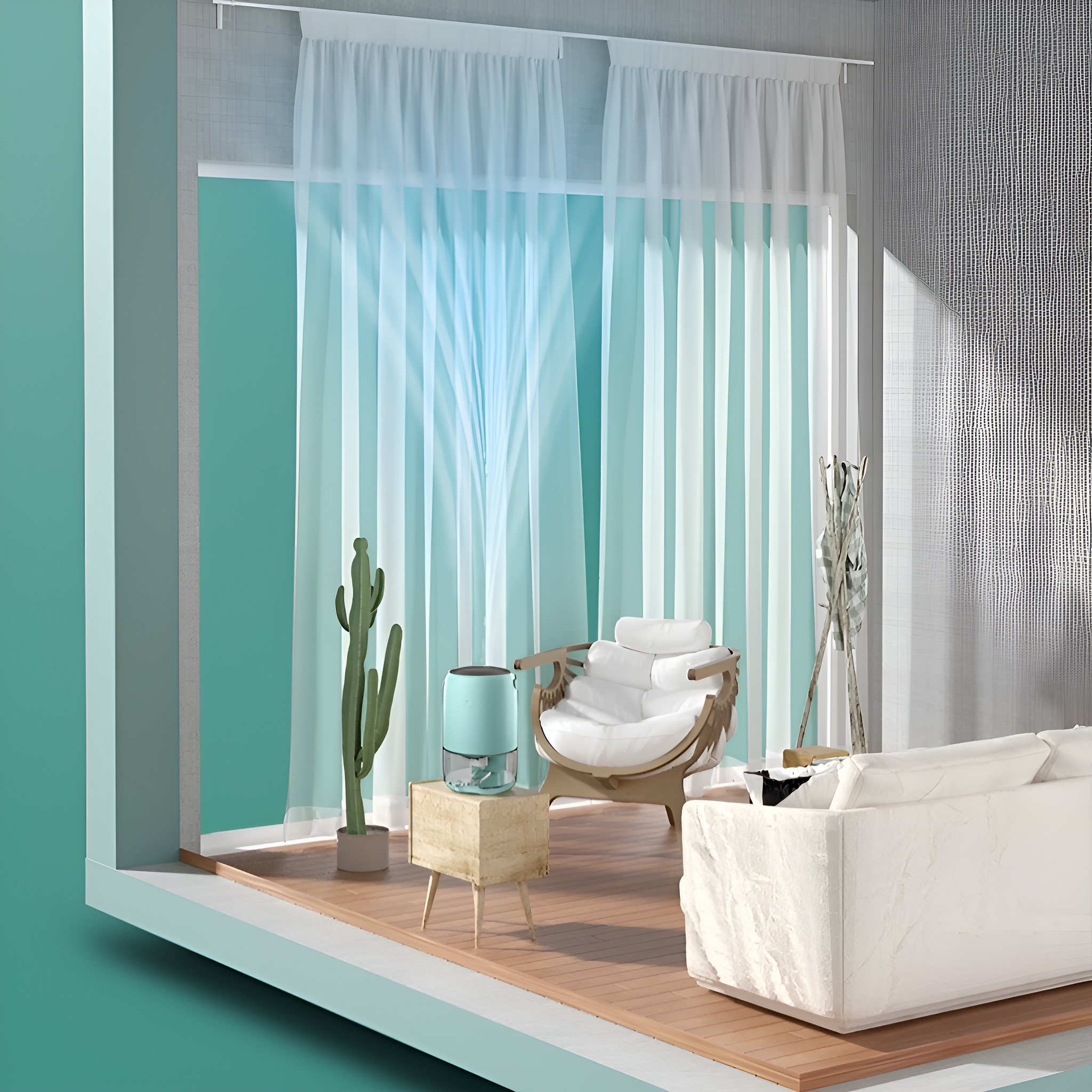 Ein stilisierter Raum mit Fenster, Vorhängen, Kaktus, Stuhl und einem Luftbefeuchter.