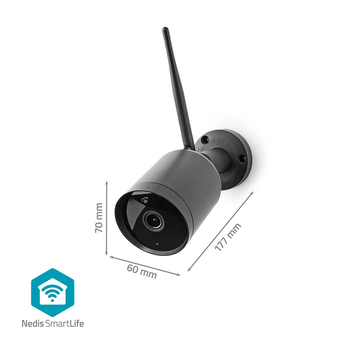 Cámara de seguridad negra con dimensiones. Antena y montaje en pared.