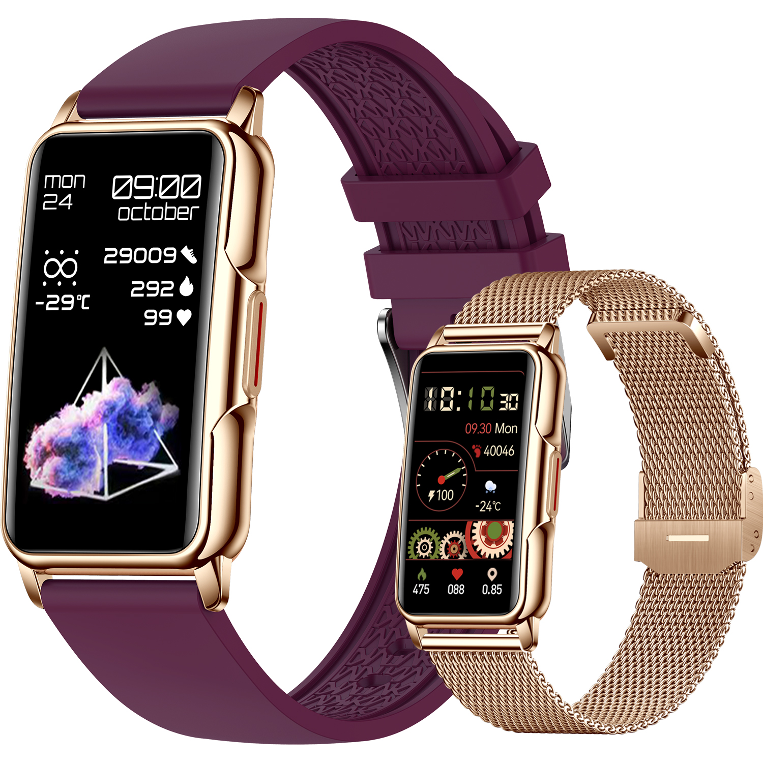 Zwei Smartwatches mit goldenen Gehäusen und verschiedenen Armbändern, lila und metallisch.