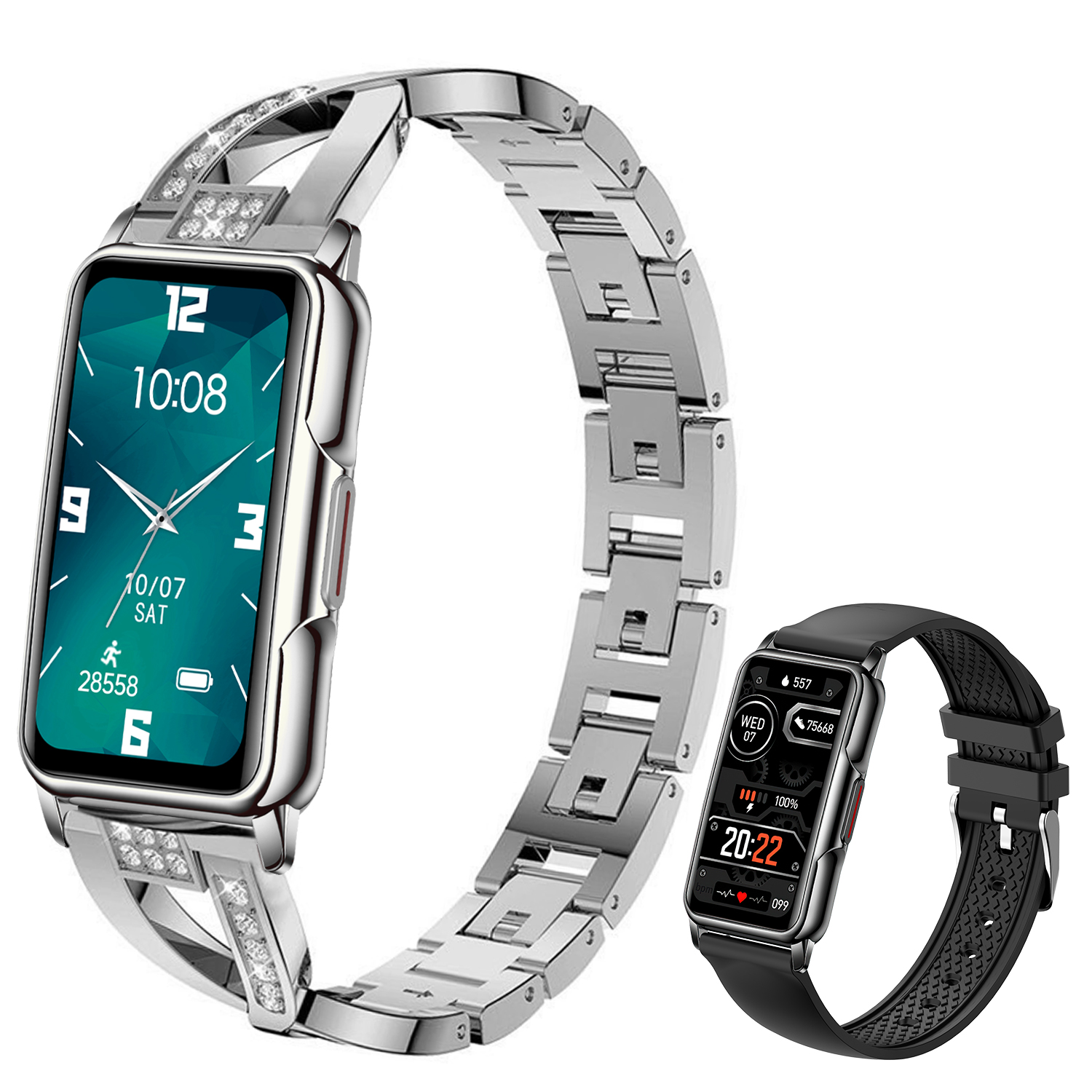 Zwei Smartwatches: eine mit silbernem Band und eine mit schwarzem Band.