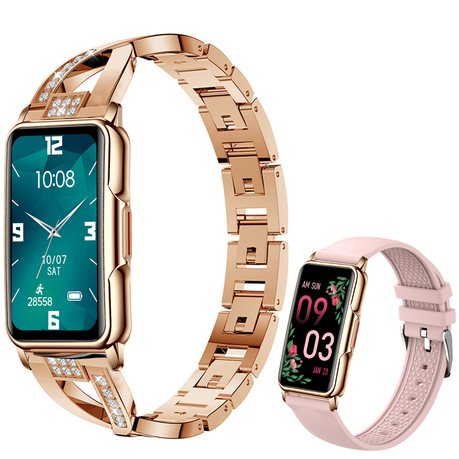 Zwei Smartwatches mit roségoldenen Armbändern. Eine zeigt die Uhrzeit, die andere ein rosa Band.