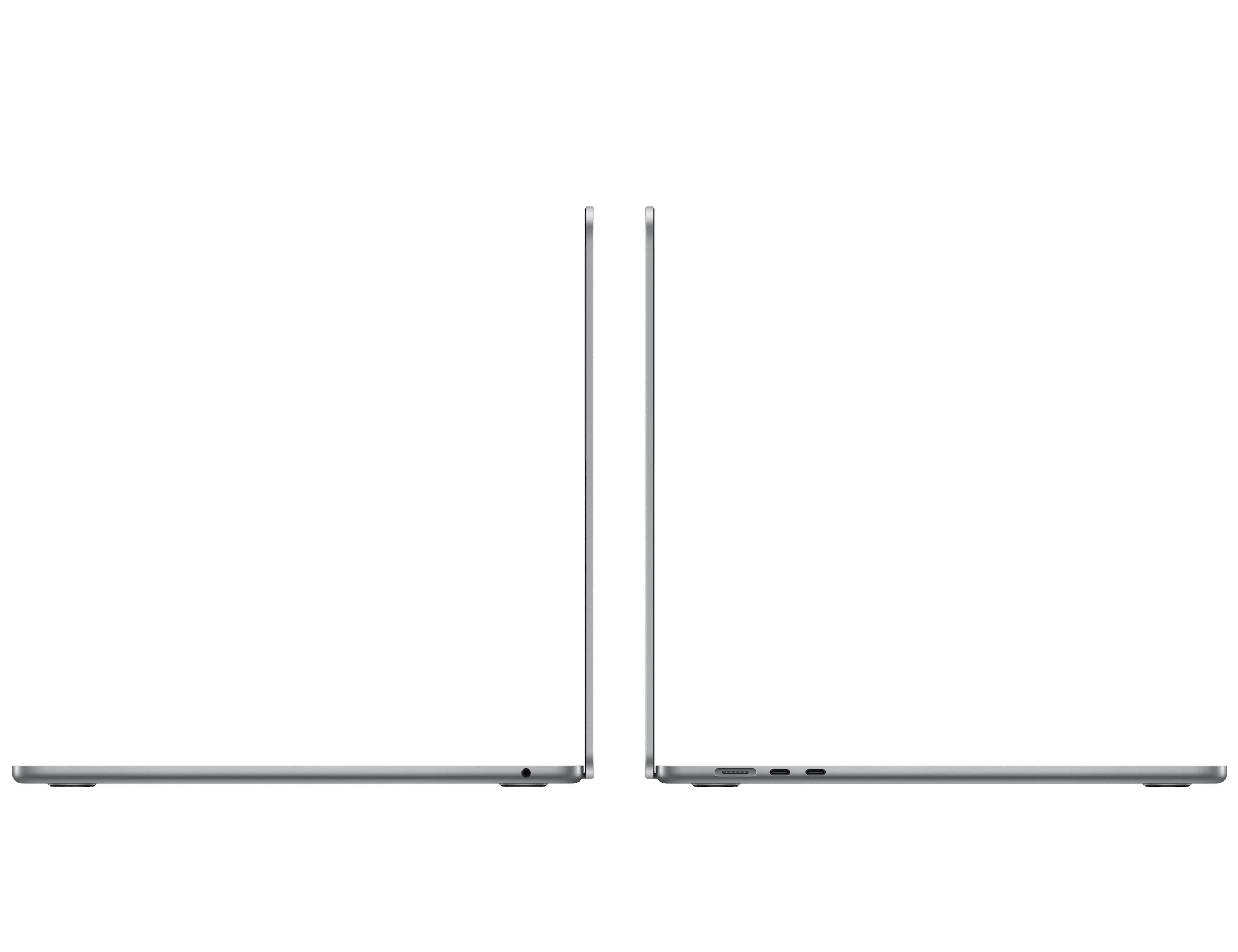 Zwei silberne Laptops, Seitenansicht, geöffnet. Der linke Laptop ist leicht angewinkelt, der rechte gerade.